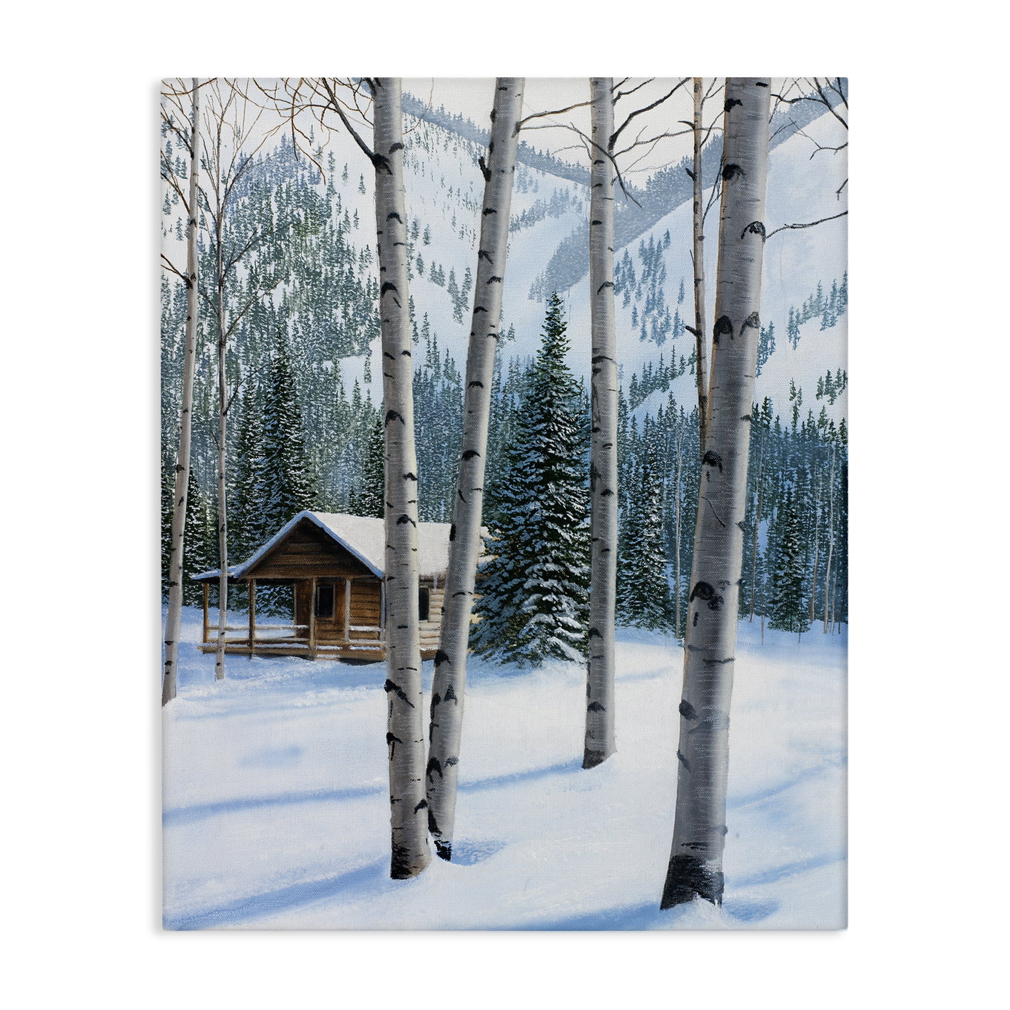 Stupell Industries Snowy Cabin Through Birch Landscape Painting Gallery Wrapped Canvas Art Prints Wall Art, 36 x 48