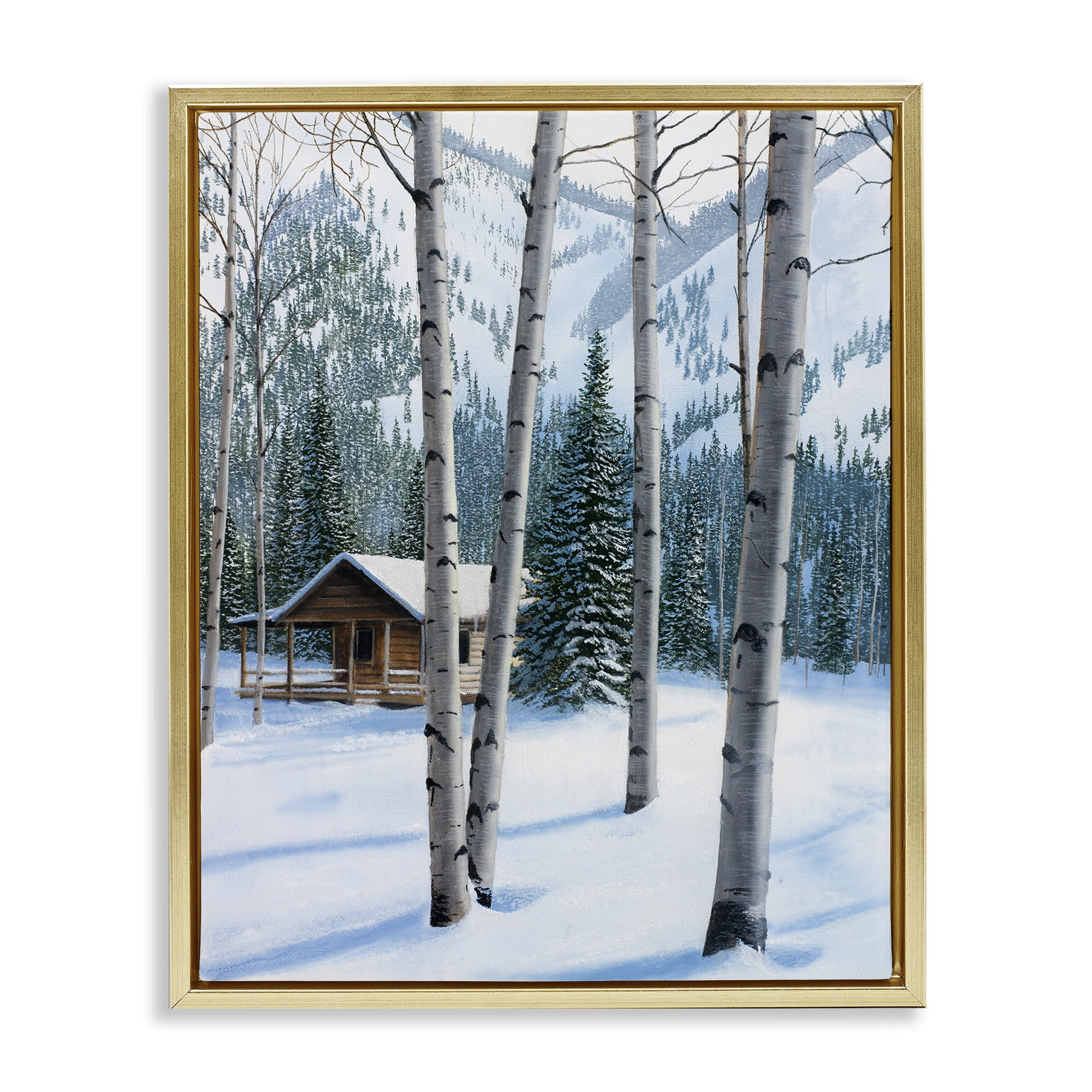 Stupell Industries Snowy Cabin Through Birch Landscape Painting Gold Floater Framed Canvas Art Prints Wall Art, 25 x 31