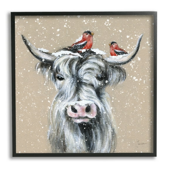 Stupell Industries Snowy Cattle & Birds Farmhouse Holiday Painting Black Framed Art Print Wall Art