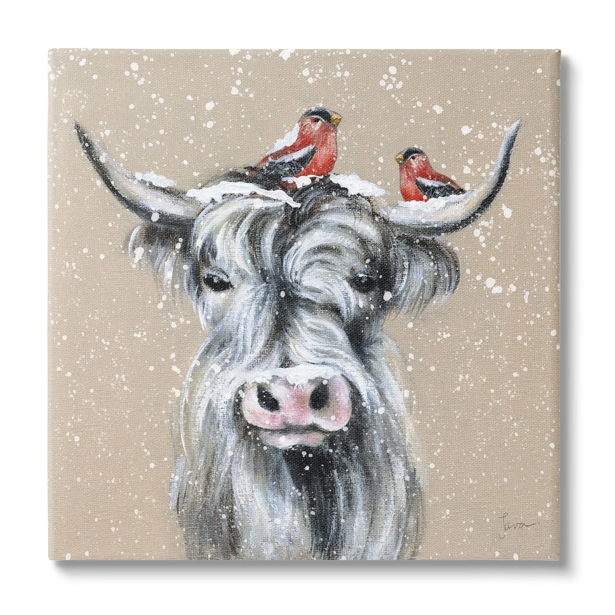 Snowy Cattle and Birds Farmhouse Holiday Canvas Art