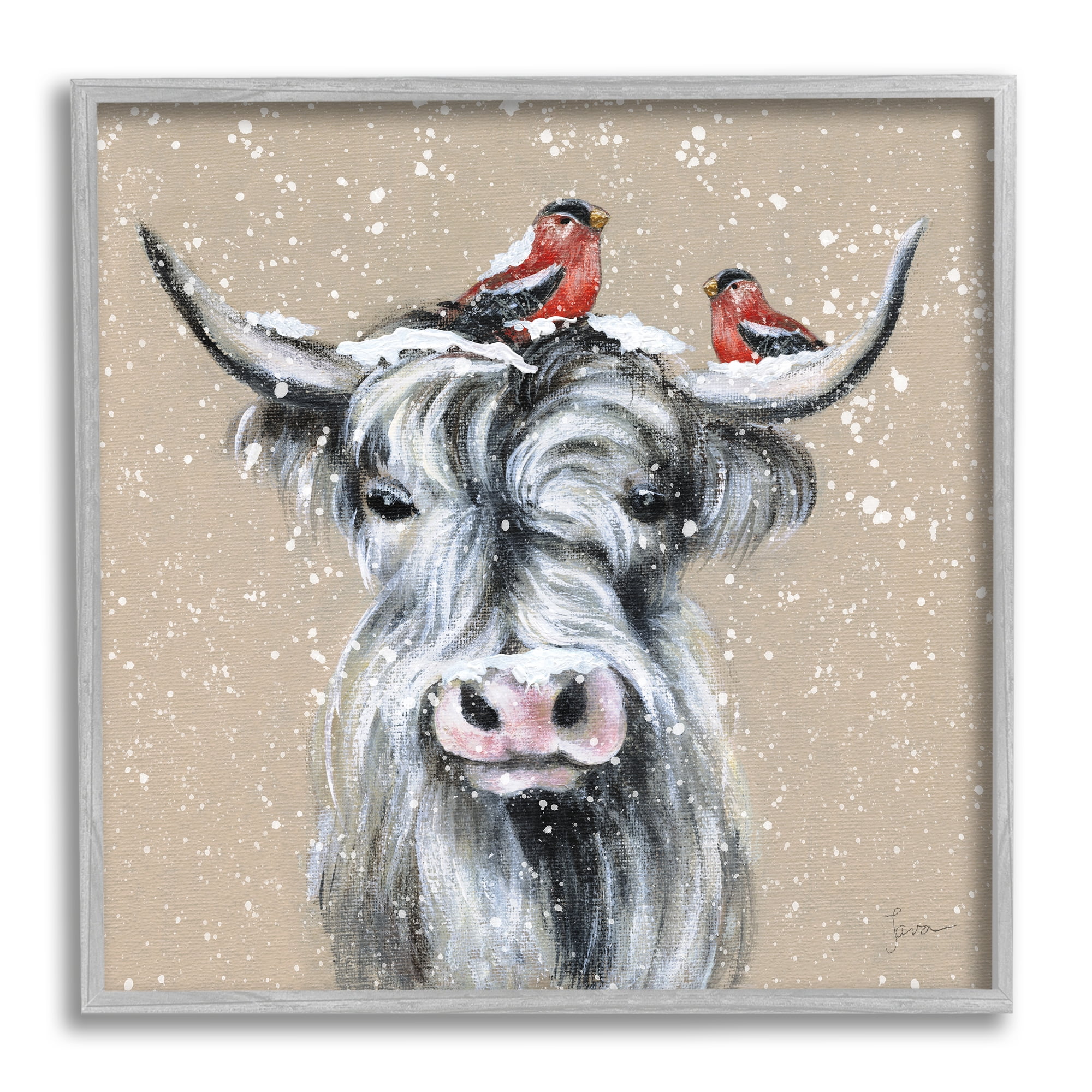 Stupell Industries Snowy Cattle & Birds Farmhouse Holiday Painting Gray Framed Art Print Wall Art