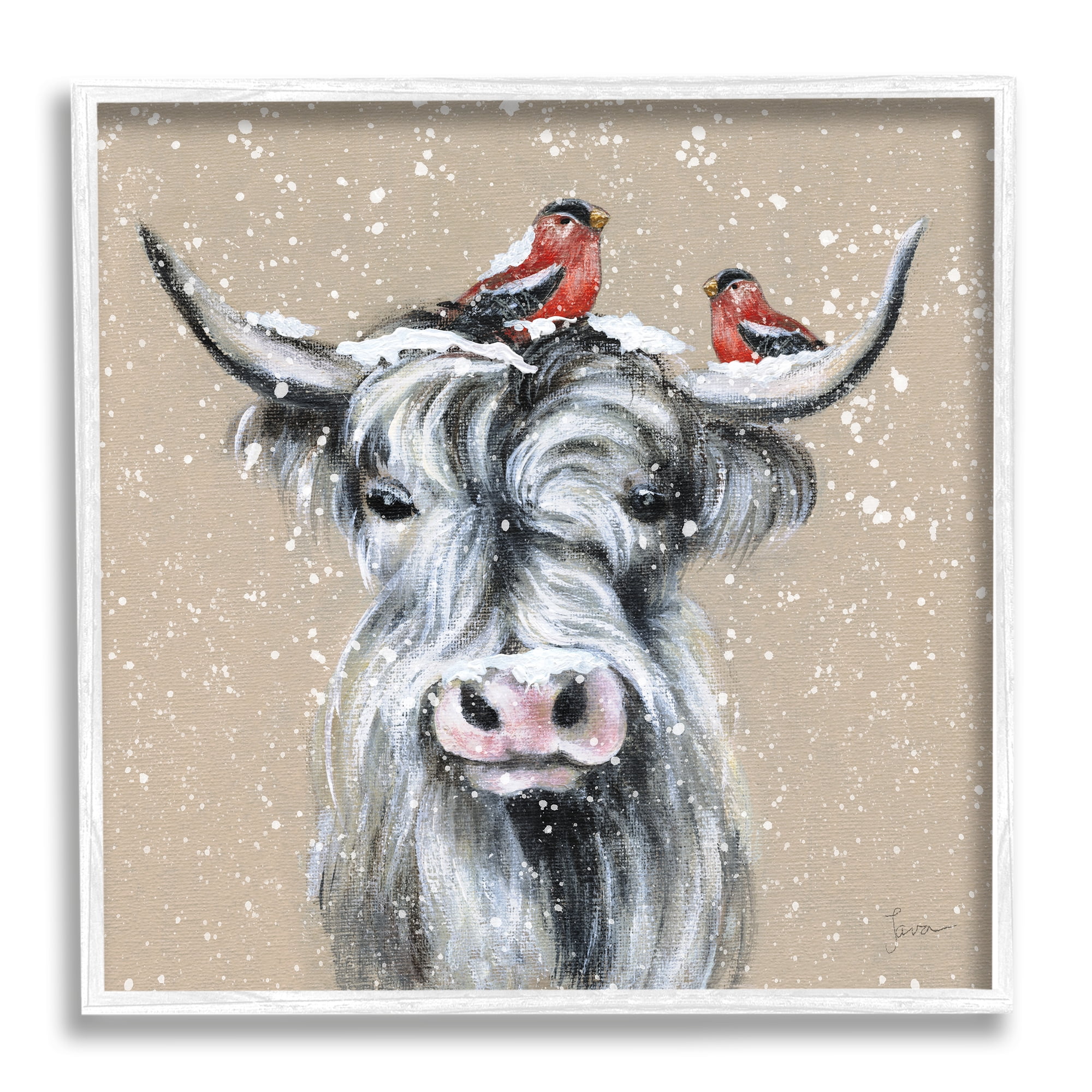 Stupell Industries Snowy Cattle & Birds Farmhouse Holiday Painting White Framed Art Print Wall Art