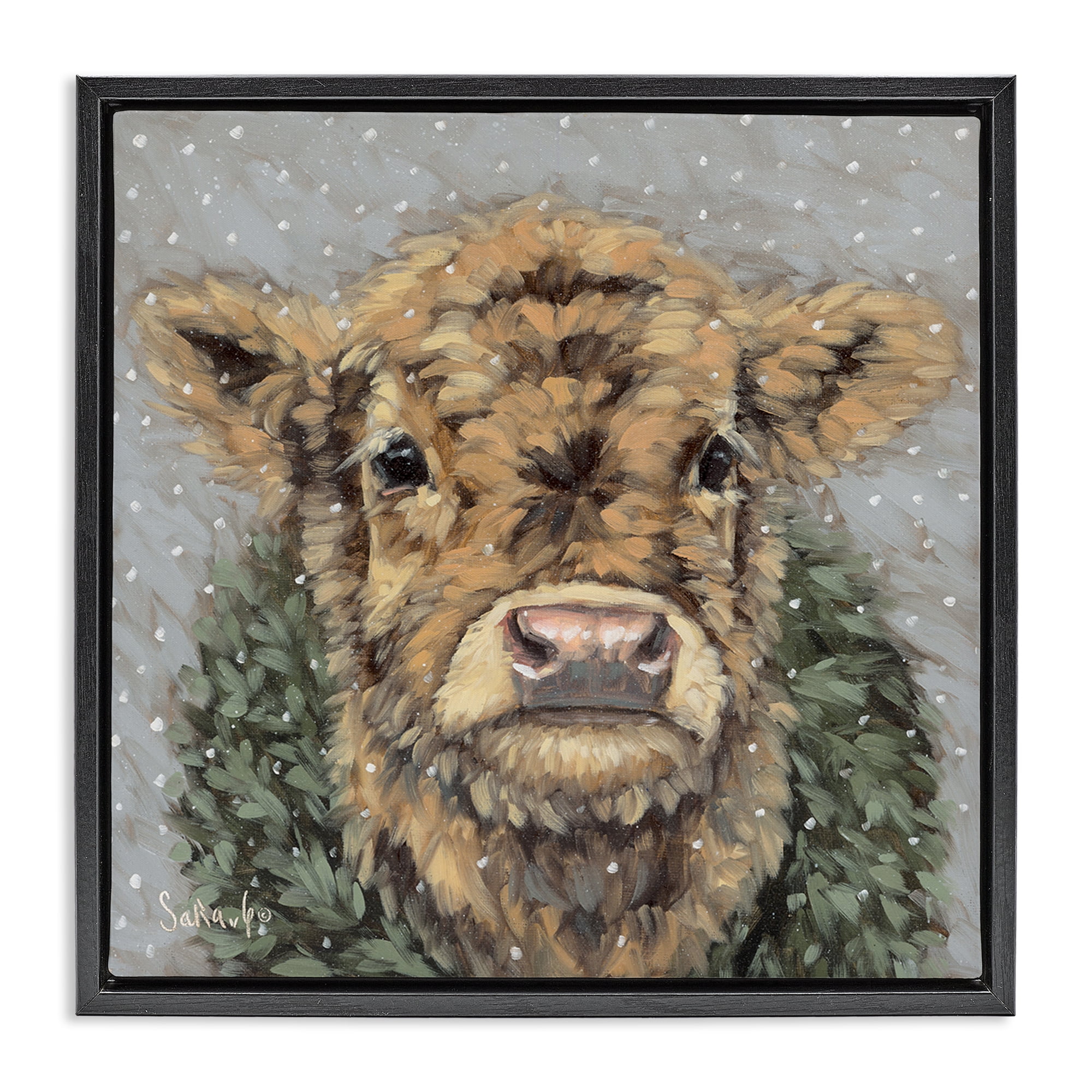 Stupell Industries Snowy Cattle & Wreath Animals & Insects Painting Black Floater Framed Canvas Art Print Wall Art, 25 x 25