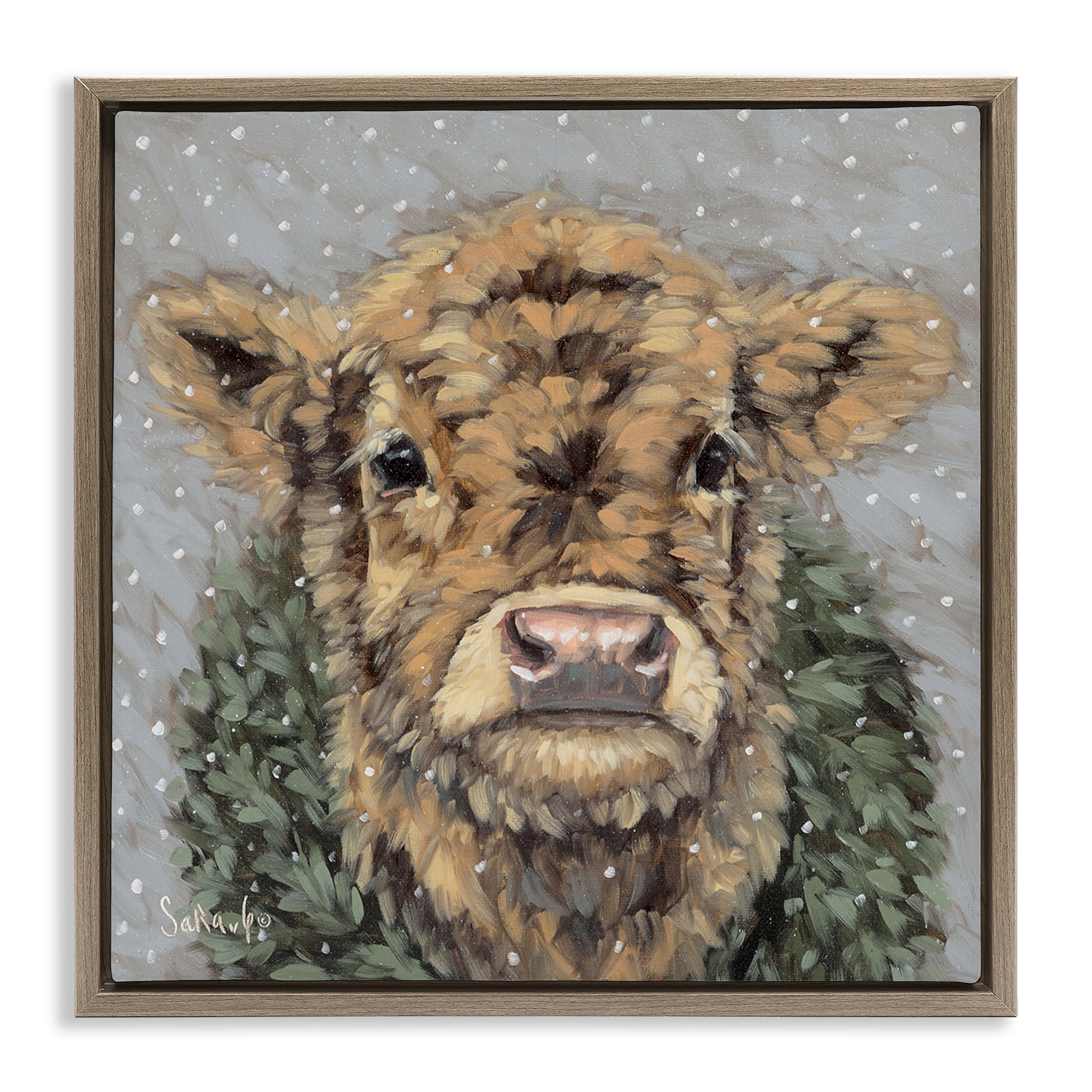 Stupell Industries Snowy Cattle & Wreath Animals & Insects Painting Brown Floater Framed Canvas Art Print Wall Art, 18 x 18