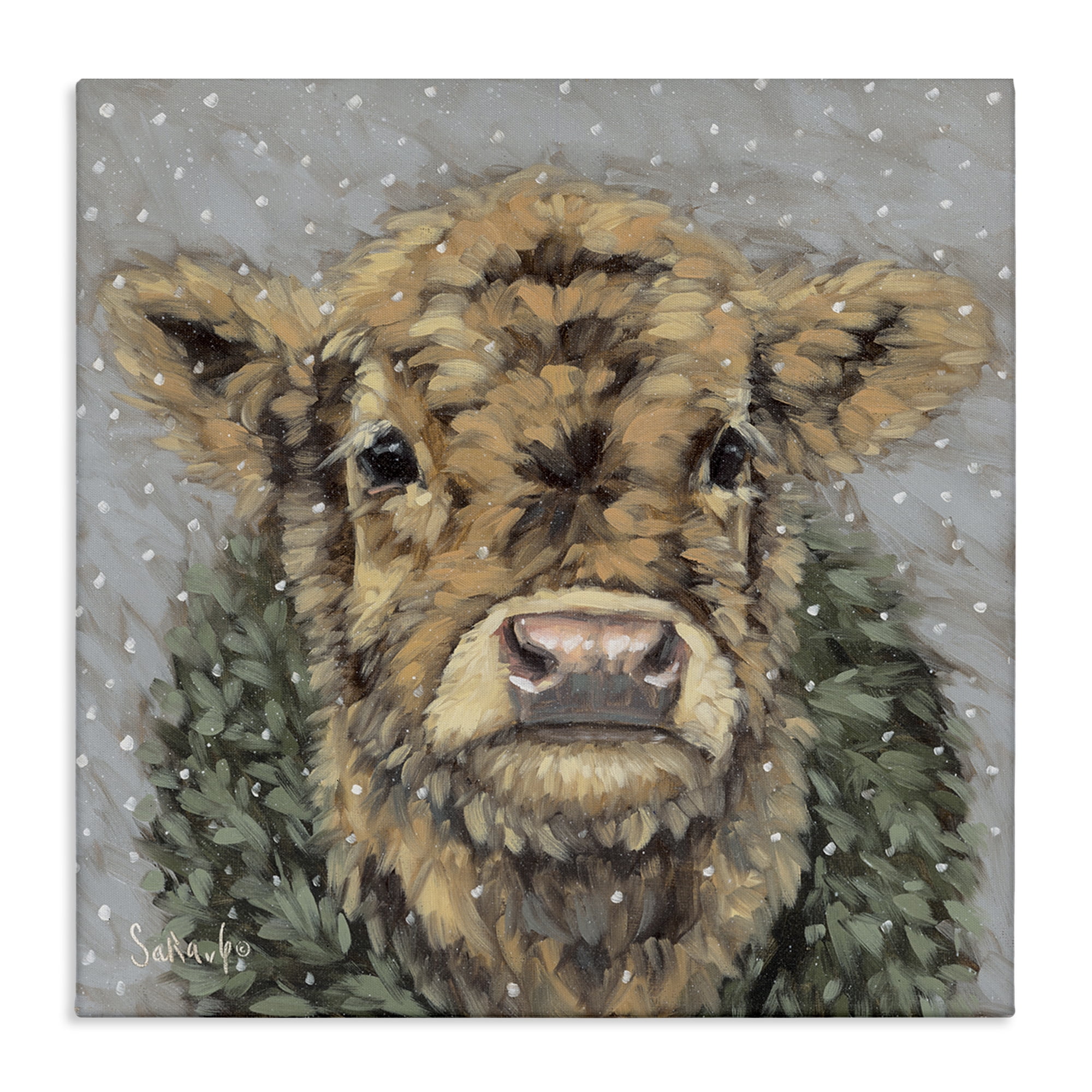 Stupell Industries Snowy Cattle & Wreath Animals & Insects Painting Gallery Wrapped Canvas Art Print Wall Art, 24 x 24