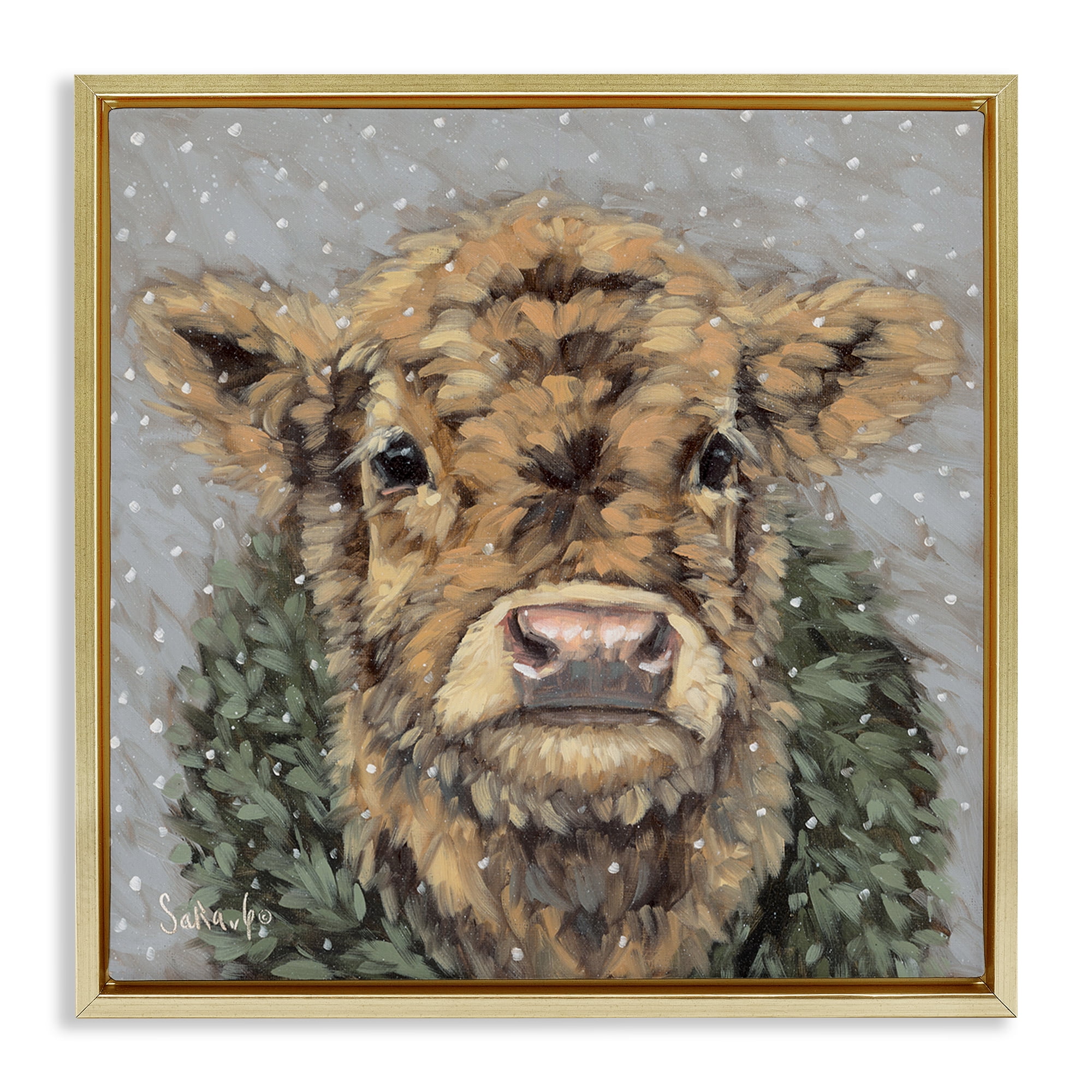 Stupell Industries Snowy Cattle & Wreath Animals & Insects Painting Gold Floater Framed Canvas Art Print Wall Art, 25 x 25