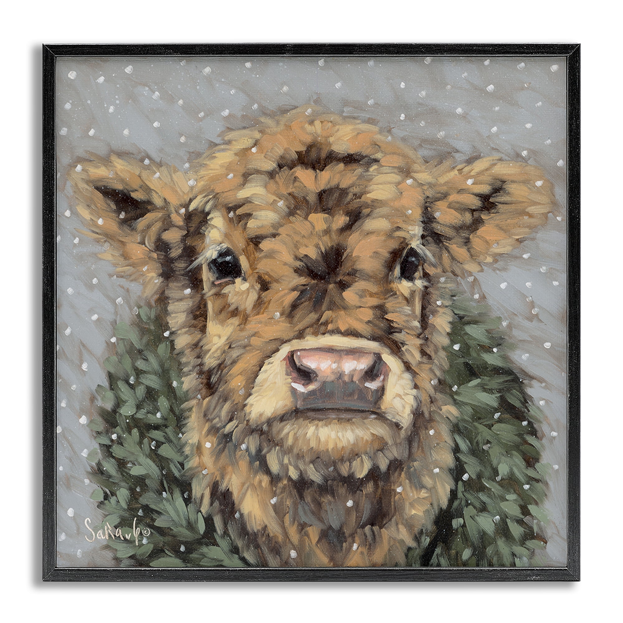 Stupell Industries Snowy Cattle & Wreath Animals & Insects Painting Gray Framed Art Print Wall Art, 17 x 17