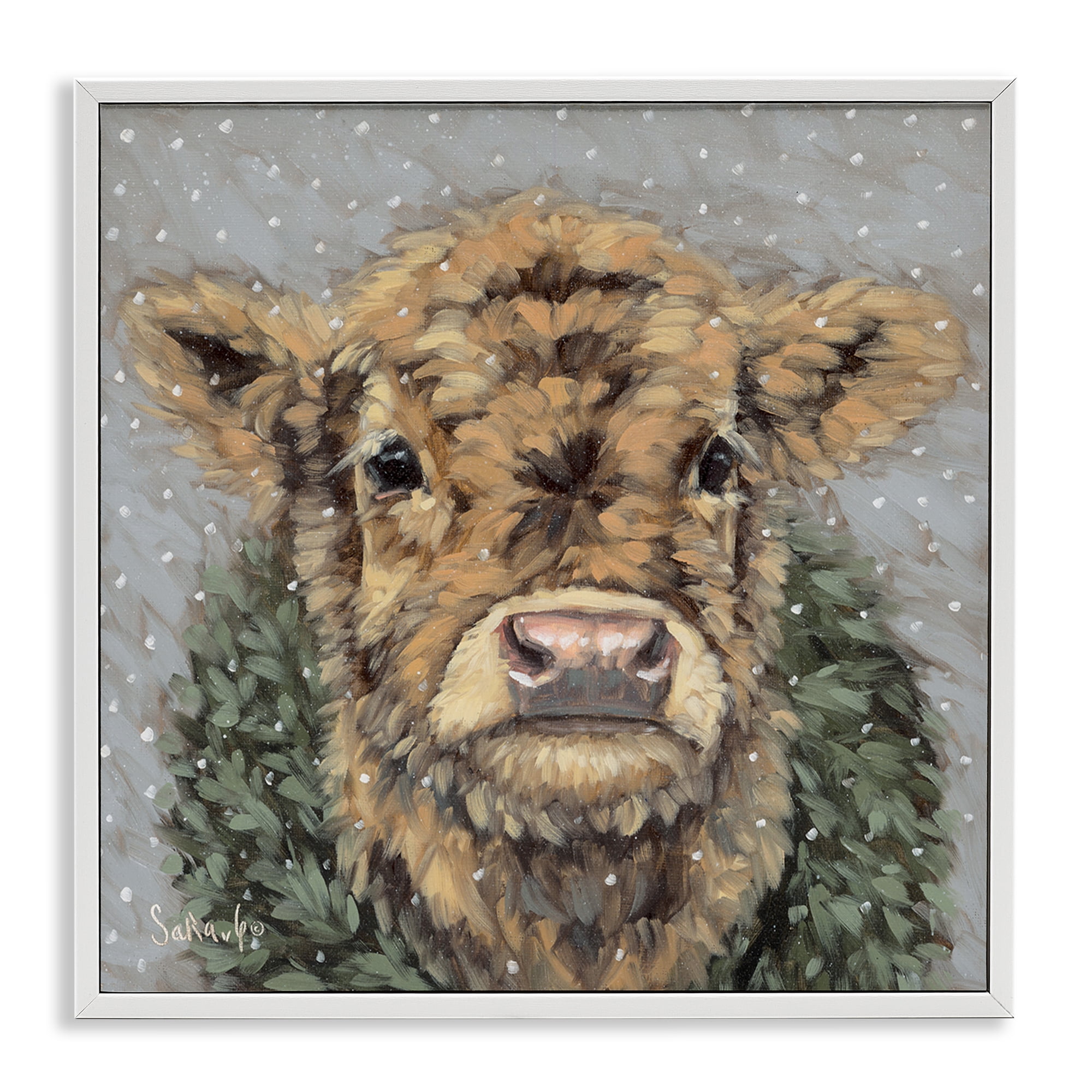 Stupell Industries Snowy Cattle & Wreath Animals & Insects Painting White Framed Art Print Wall Art, 24 x 24