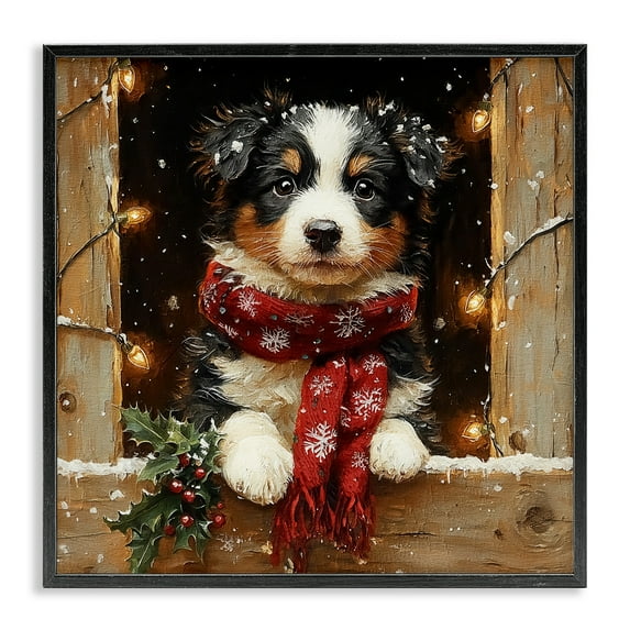 Stupell Industries Snowy Christmas Lights Puppy Animals Painting Black Framed Art Print Wall Art, 12 x 12