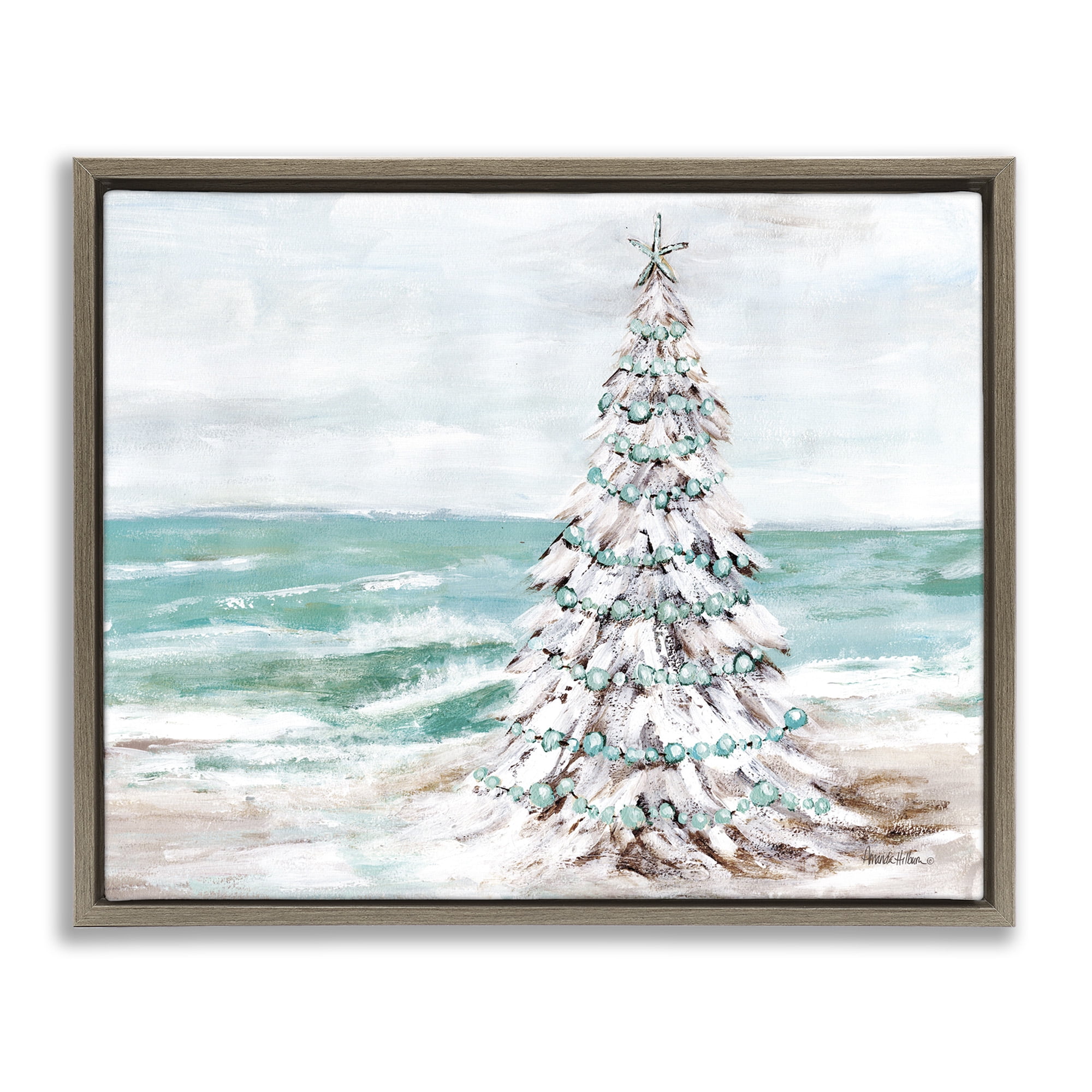 Stupell Industries Snowy Christmas Tree on Beach Holiday Painting Brown Floater Framed Canvas Art Print Wall Art, 21 x 17