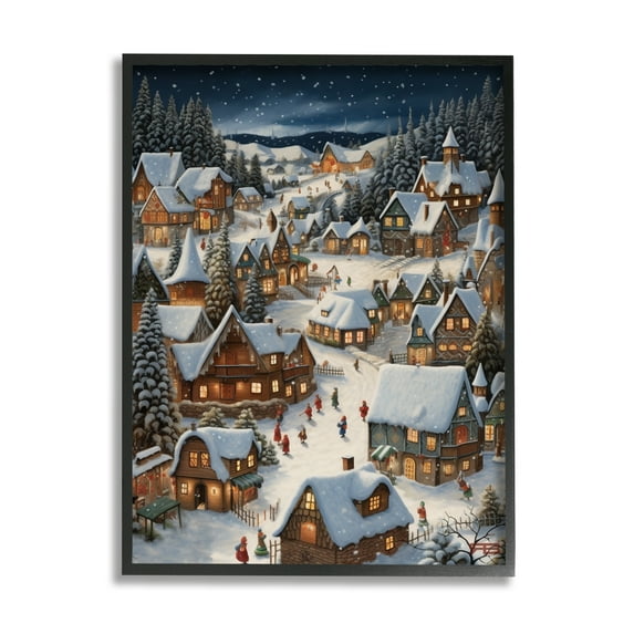 Stupell Industries Snowy Christmas Village Holiday Painting Black Framed Art Print Wall Art, 11 x 14