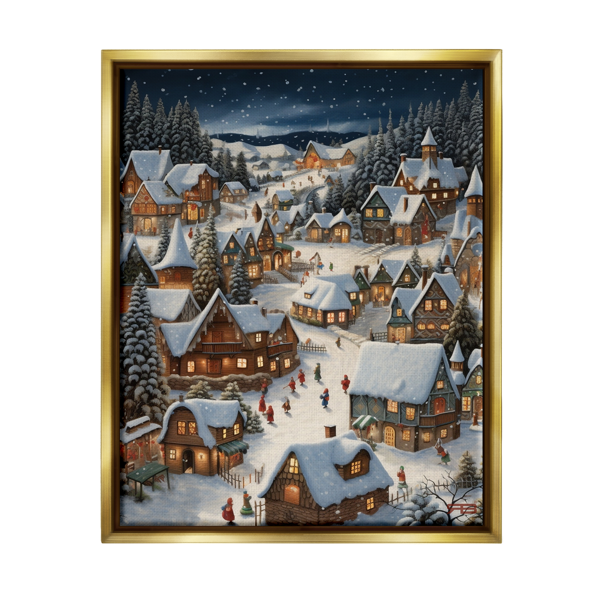 Stupell Industries Snowy Christmas Village Holiday Painting Gold Floater Framed Canvas Art Print Wall Art, 17 x 21