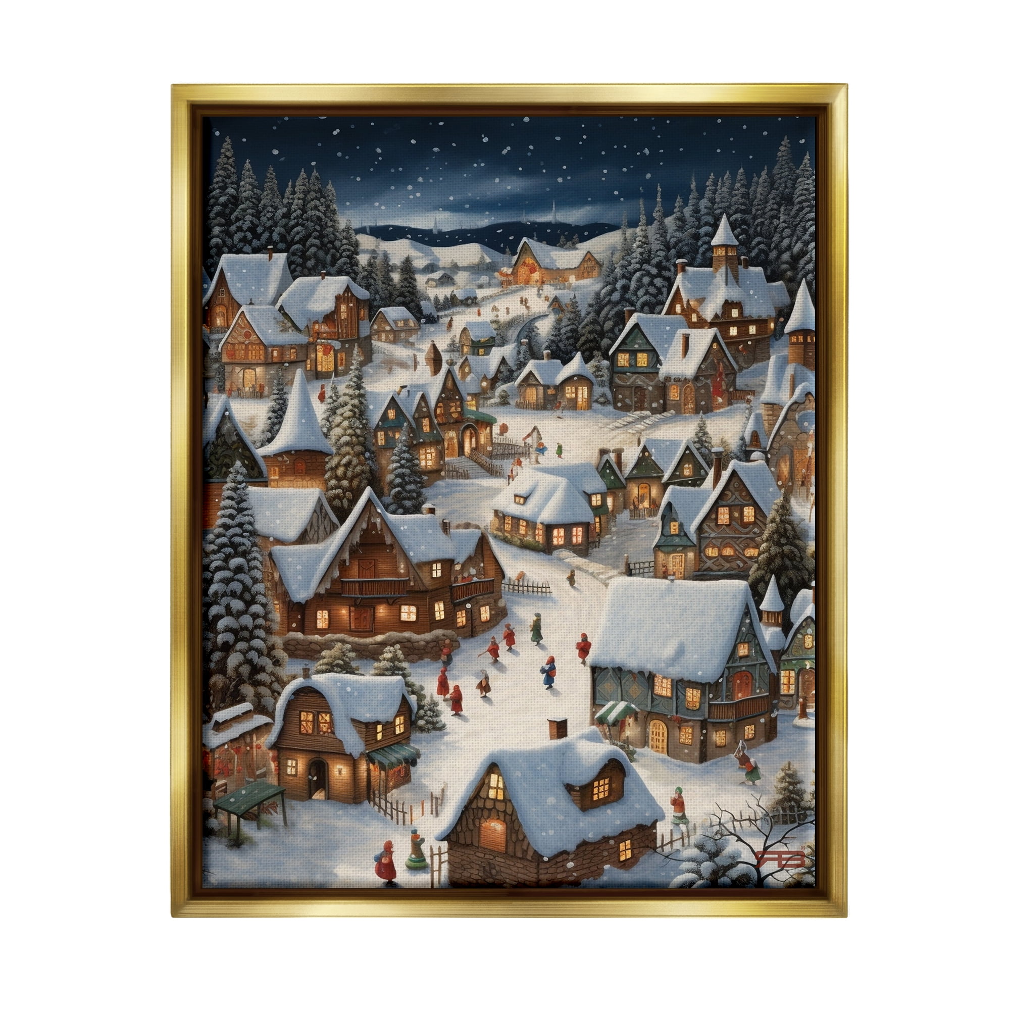 Stupell Industries Snowy Christmas Village Holiday Painting Gold Floater Framed Canvas Art Print Wall Art, 25 x 31