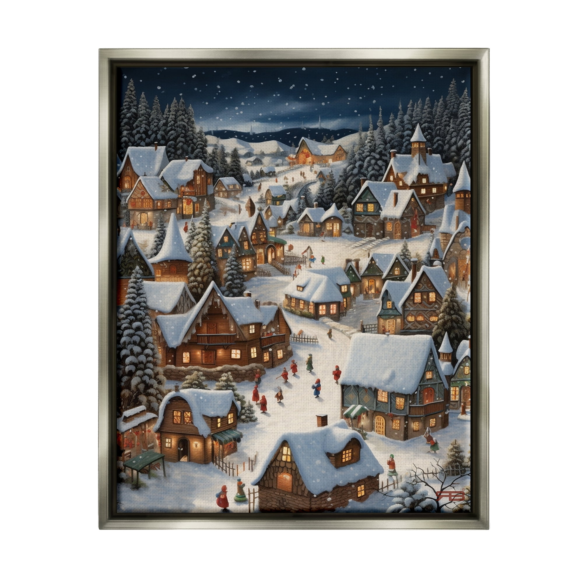 Stupell Industries Snowy Christmas Village Holiday Painting Gray Floater Framed Canvas Art Print Wall Art, 25 x 31