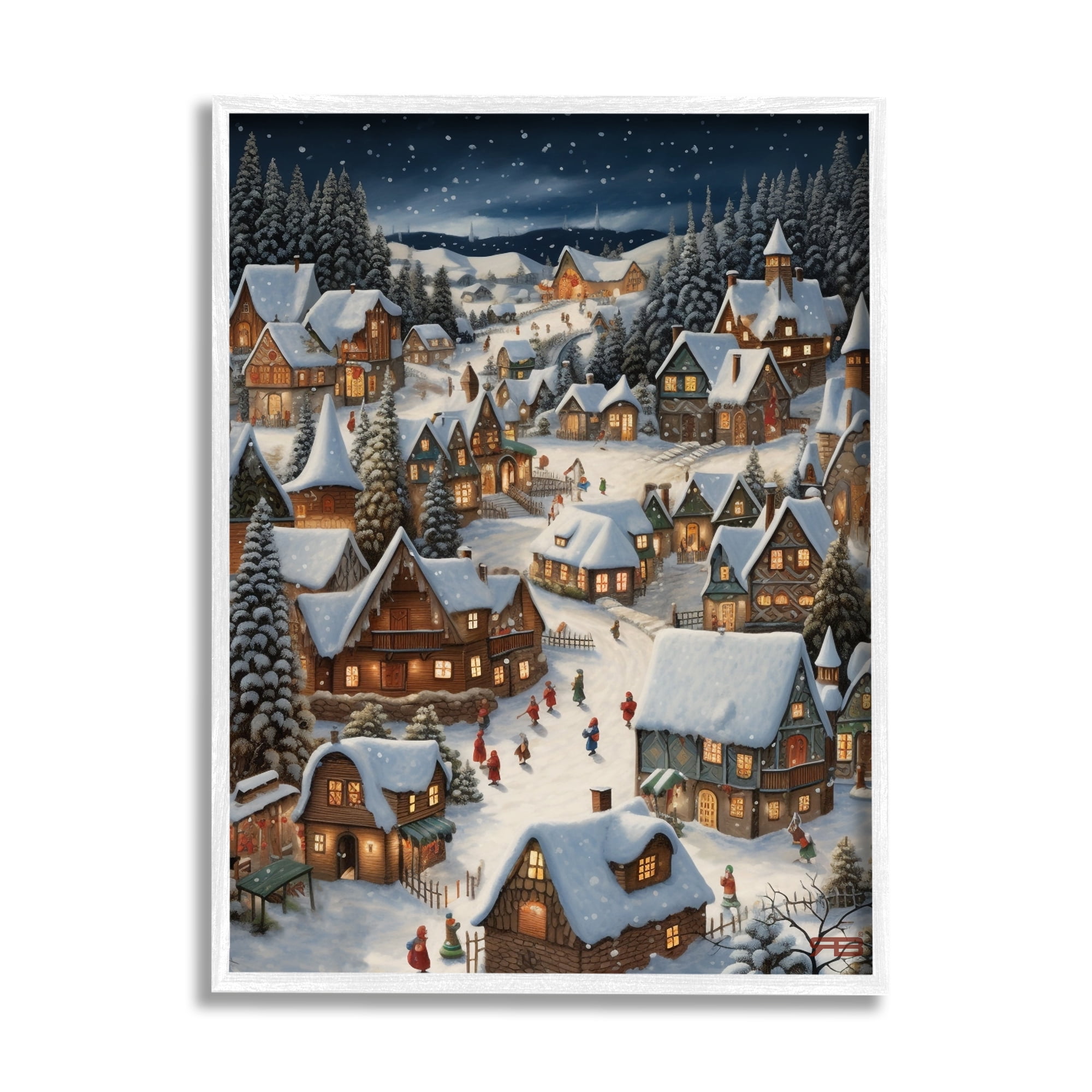 Stupell Industries Snowy Christmas Village Holiday Painting White Framed Art Print Wall Art, 24 x 30