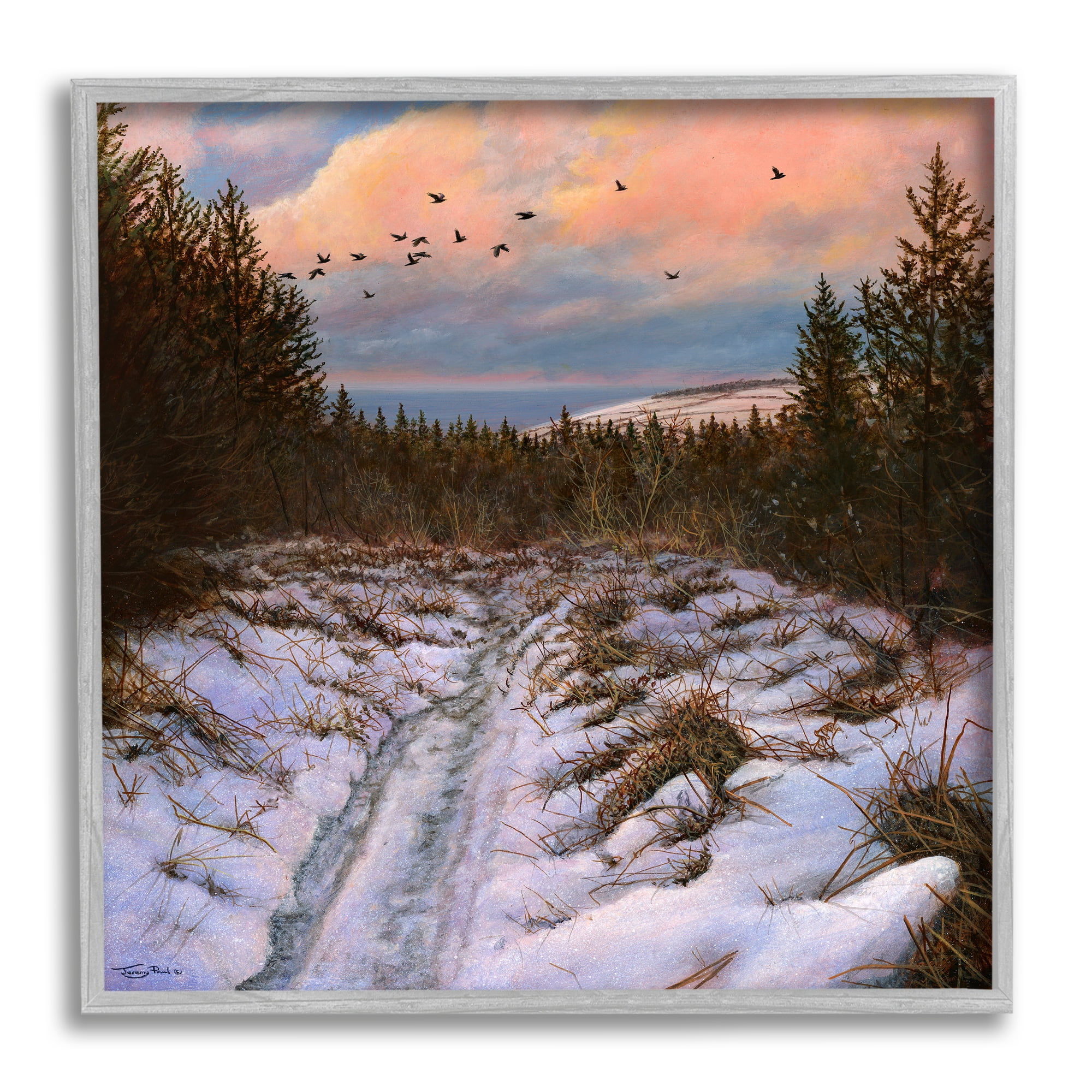 Stupell Industries Snowy Coastal Nature Trail Landscape Painting Gray Framed Art Print Wall Art
