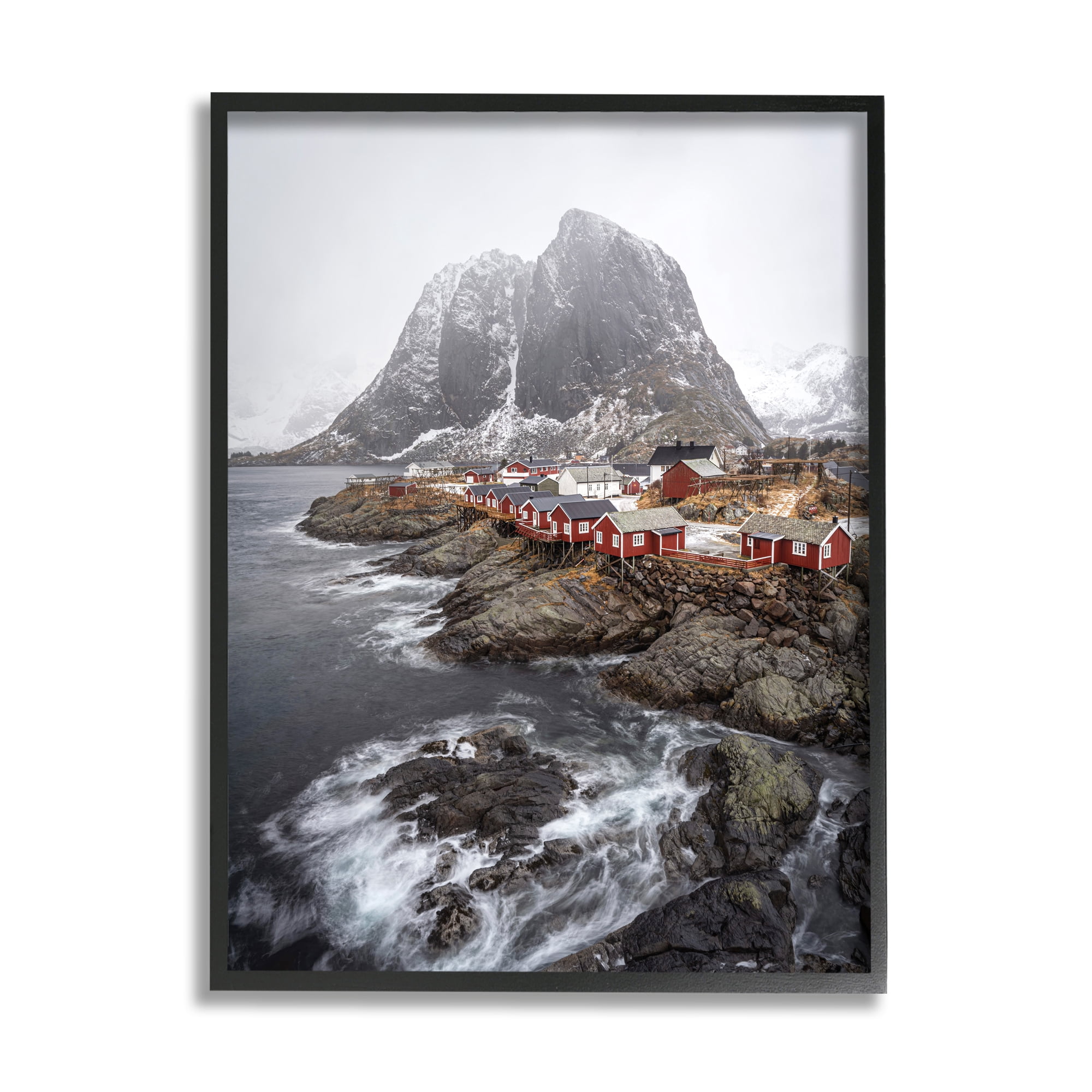 Stupell Industries Snowy Coastal Village Landscape Photography Black Framed Art Print Wall Art, 16 x 20