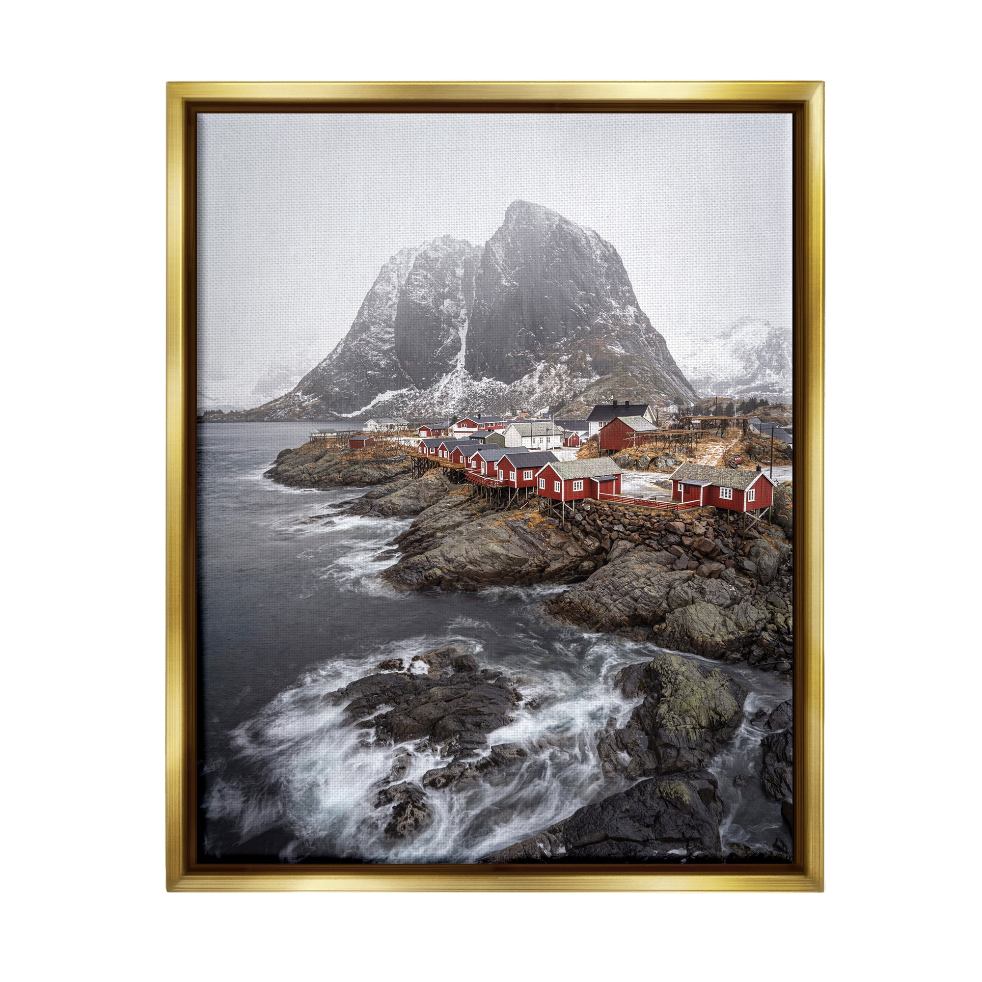 Stupell Industries Snowy Coastal Village Landscape Photography Gold Floater Framed Canvas Art Print Wall Art, 17 x 21