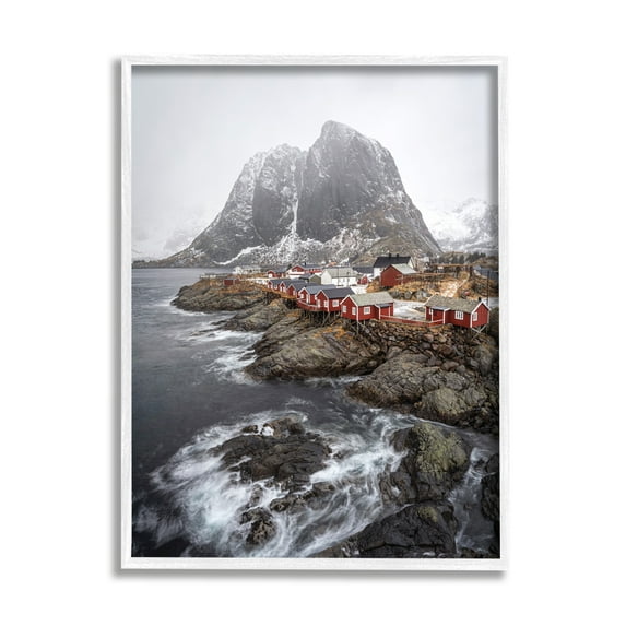 Stupell Industries Snowy Coastal Village Landscape Photography White Framed Art Print Wall Art, 16 x 20