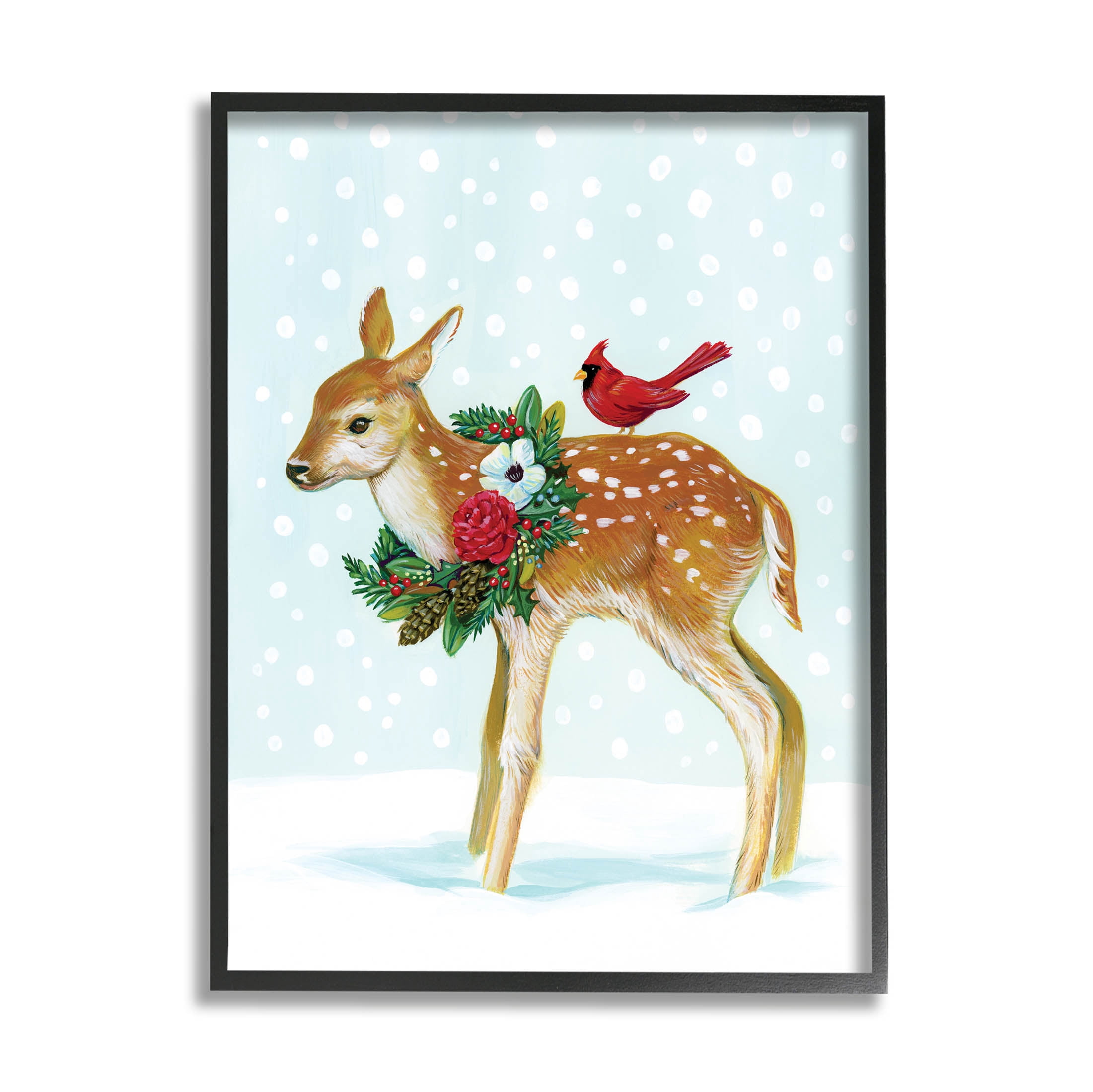 Stupell Industries Snowy Deer Holiday Cardinal Graphic Art Black Framed Art Print Wall Art, Design by Laura Marr