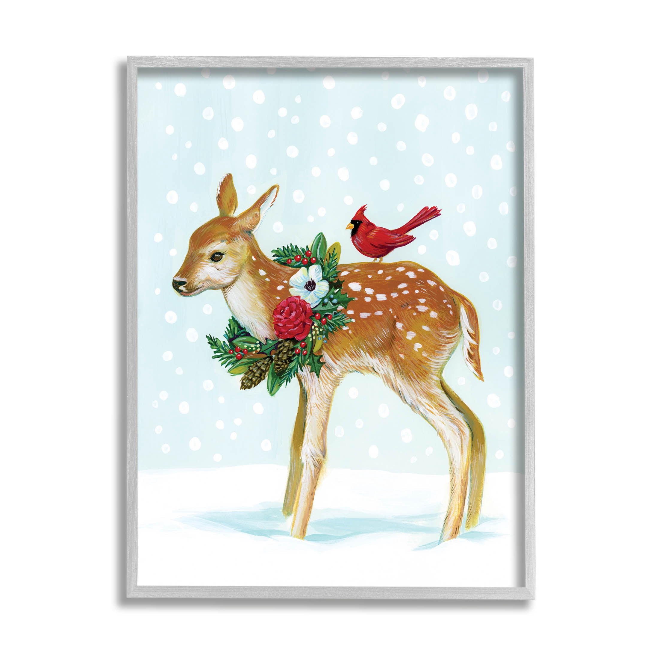 Stupell Industries Snowy Deer Holiday Cardinal Graphic Art Gray Framed Art Print Wall Art, Design by Laura Marr