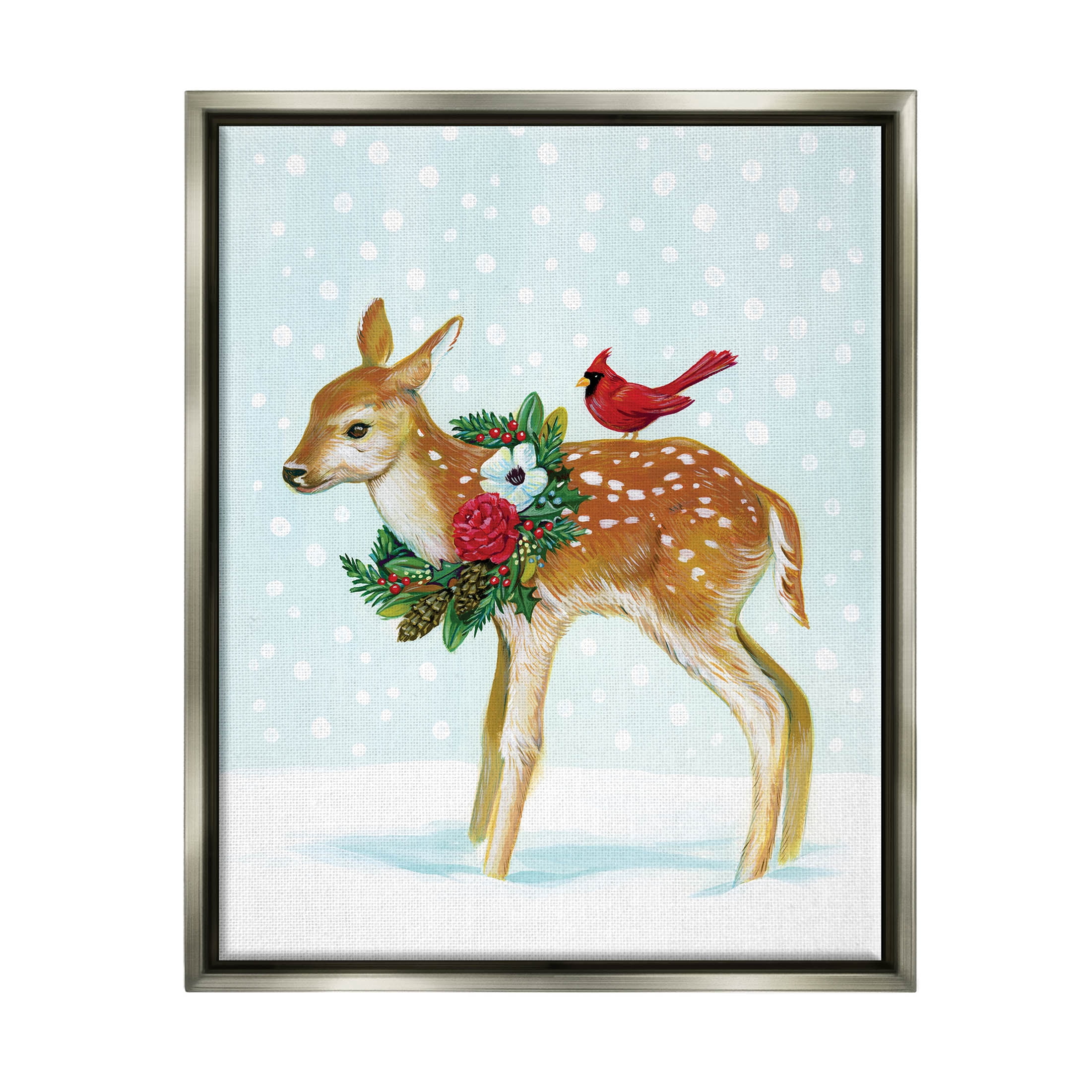 Stupell Industries Snowy Deer Holiday Cardinal Graphic Art Luster Gray Floating Framed Canvas Print Wall Art, Design by Laura Marr