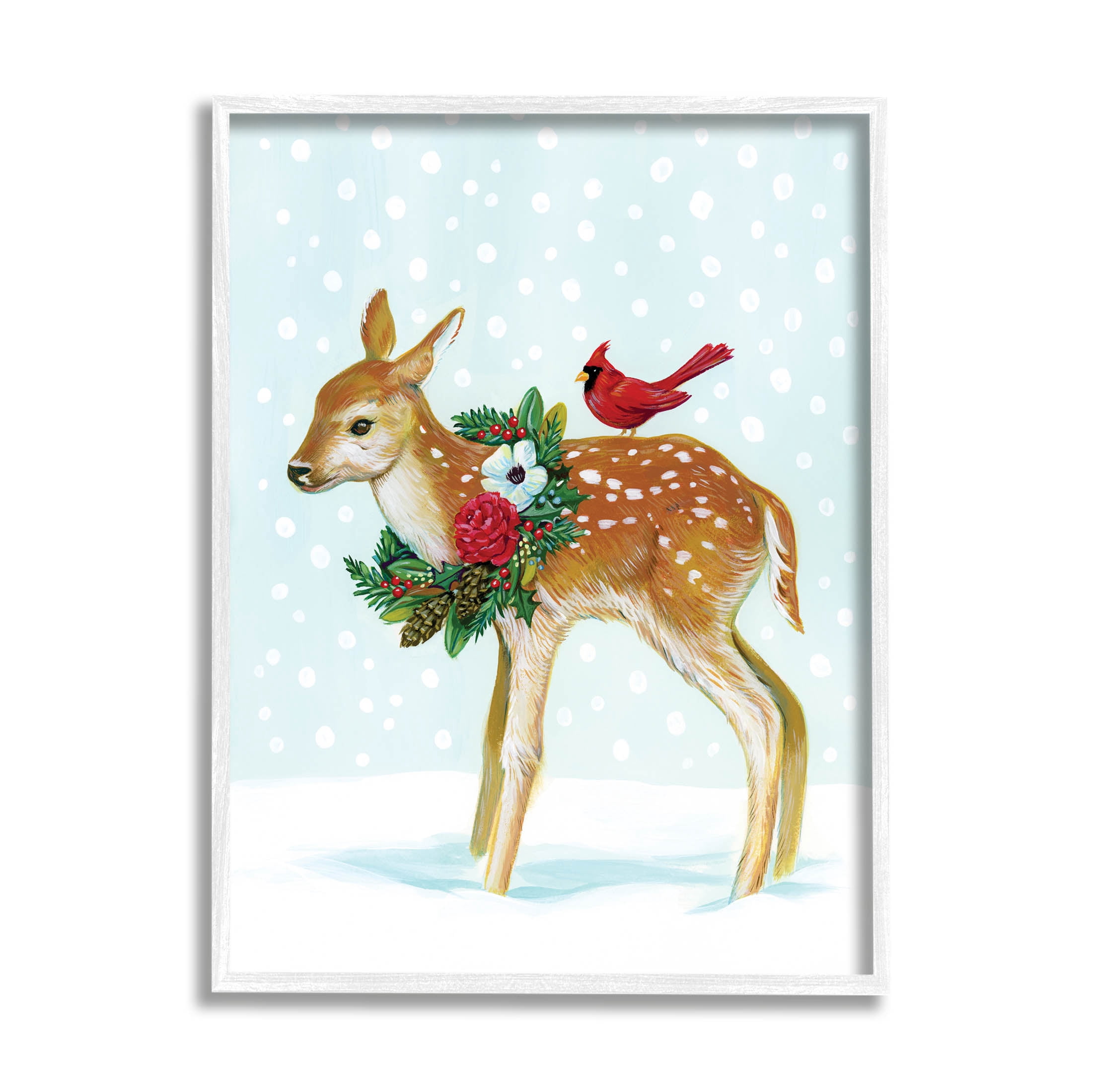 Stupell Industries Snowy Deer Holiday Cardinal Graphic Art White Framed Art Print Wall Art, Design by Laura Marr