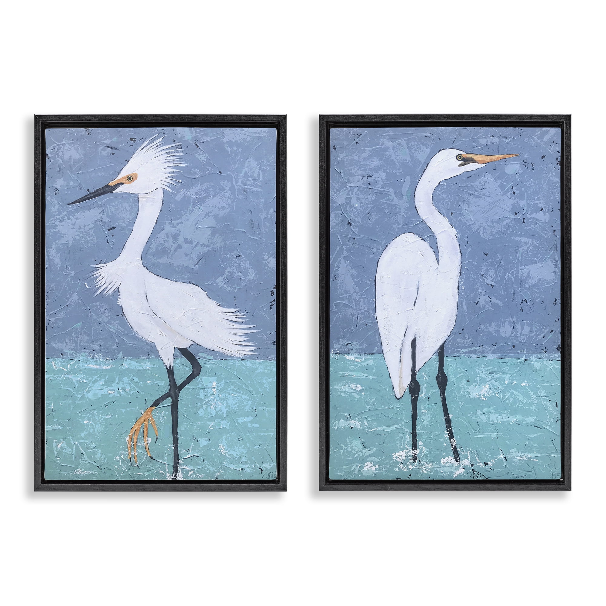 Stupell Industries Snowy Egret Pond Animals Painting Black Floater Framed Canvas Art Print Wall Art, 17 x 25, Set of 2