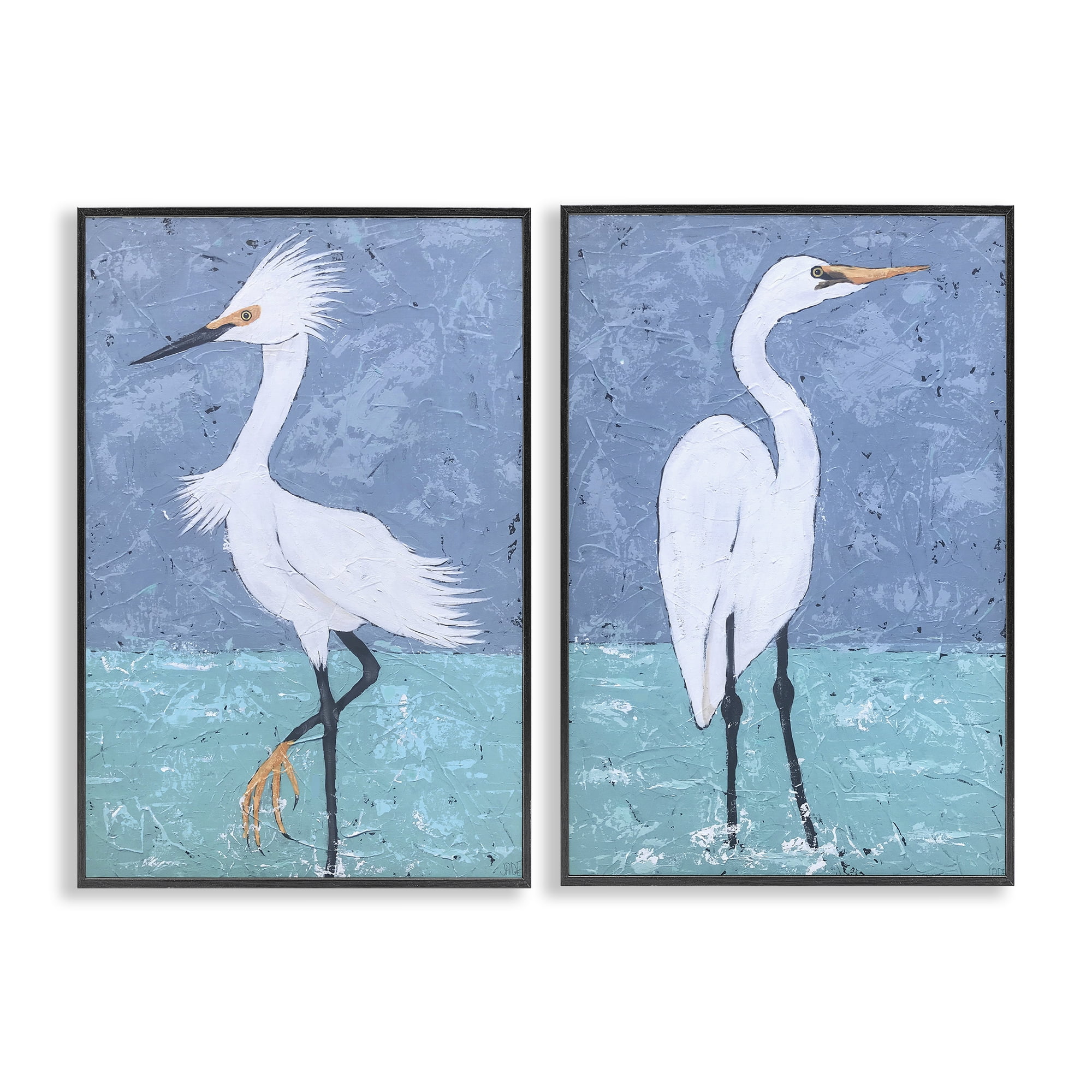 Stupell Industries Snowy Egret Pond Animals Painting Black Framed Art Print Wall Art, 16 x 24, Set of 2