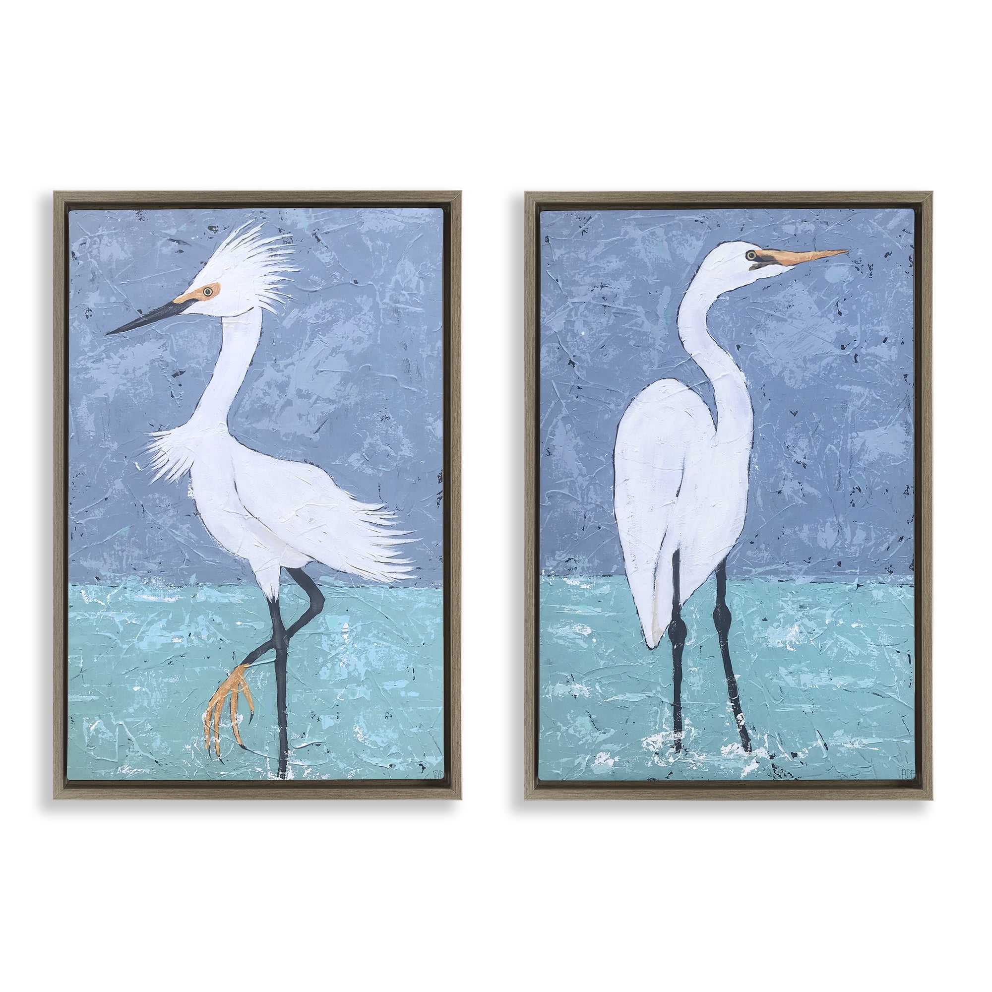 Stupell Industries Snowy Egret Pond Animals Painting Brown Floater Framed Canvas Art Print Wall Art, 17 x 25, Set of 2
