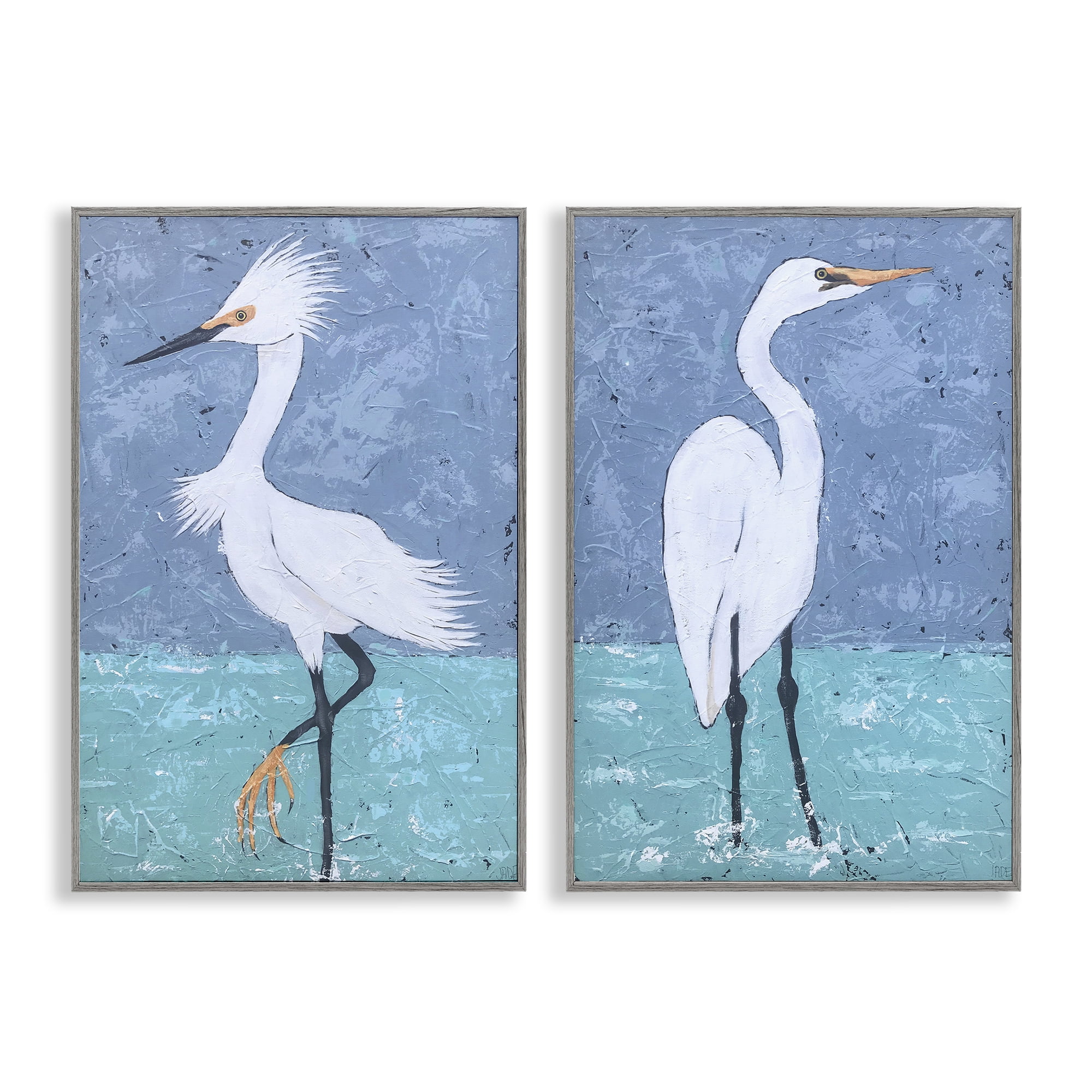 Stupell Industries Snowy Egret Pond Animals Painting Gray Framed Art Print Wall Art, 12 x 18, Set of 2