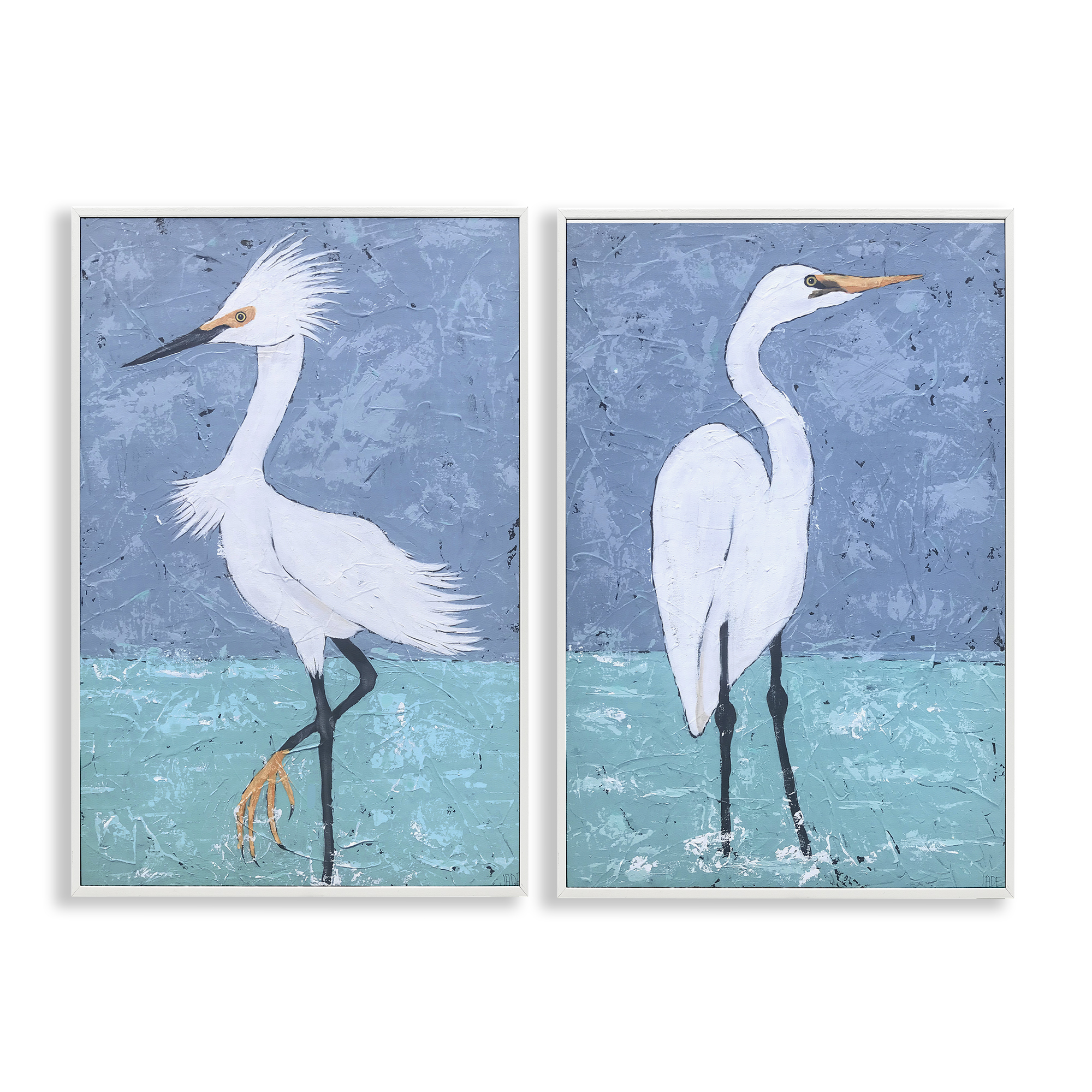 Stupell Industries Snowy Egret Pond Animals Painting White Framed Art Print Wall Art, 20 x 30, Set of 2