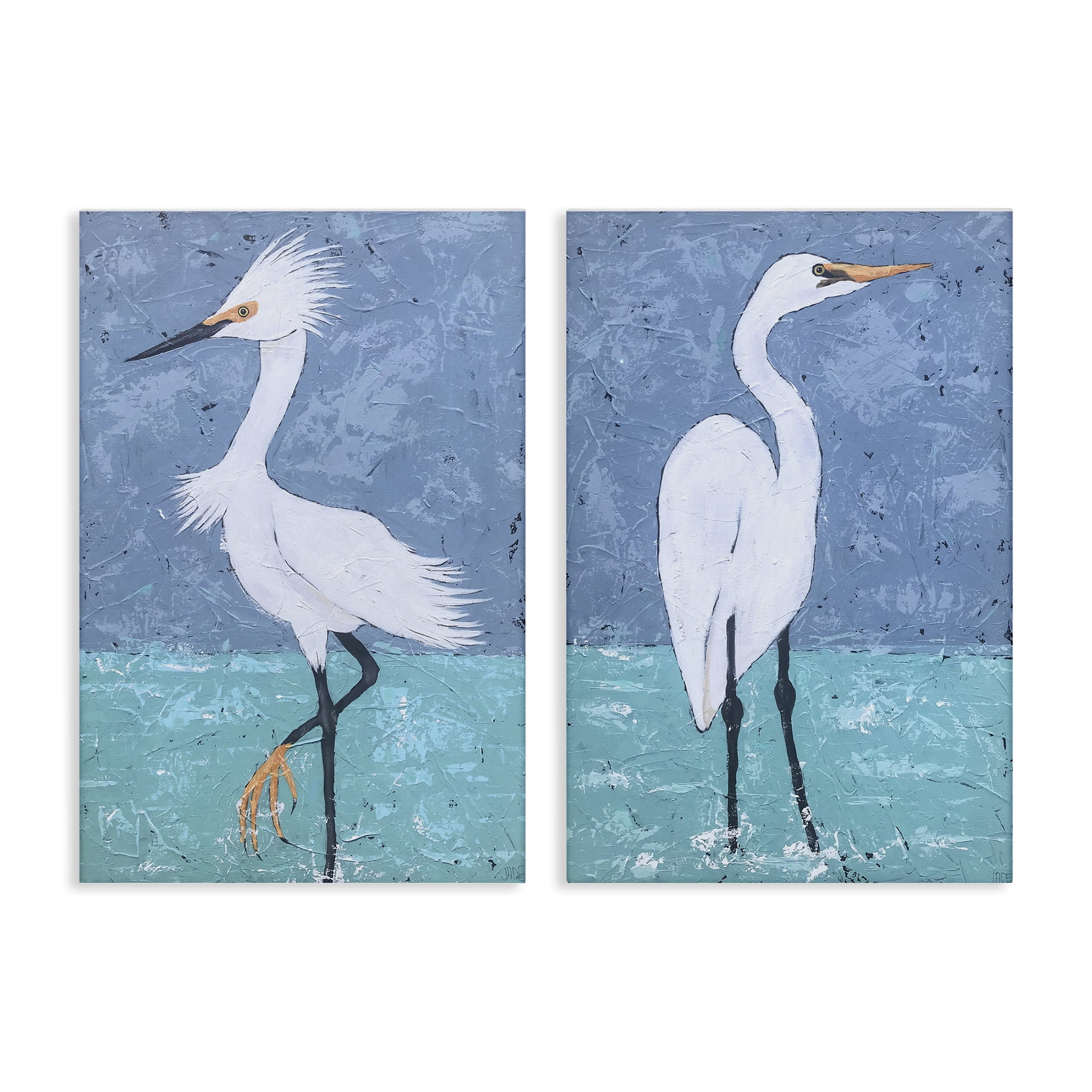 Stupell Industries Snowy Egret Pond Animals Painting Wrapped Canvas Art Print Wall Art, 20 x 30, Set of 2