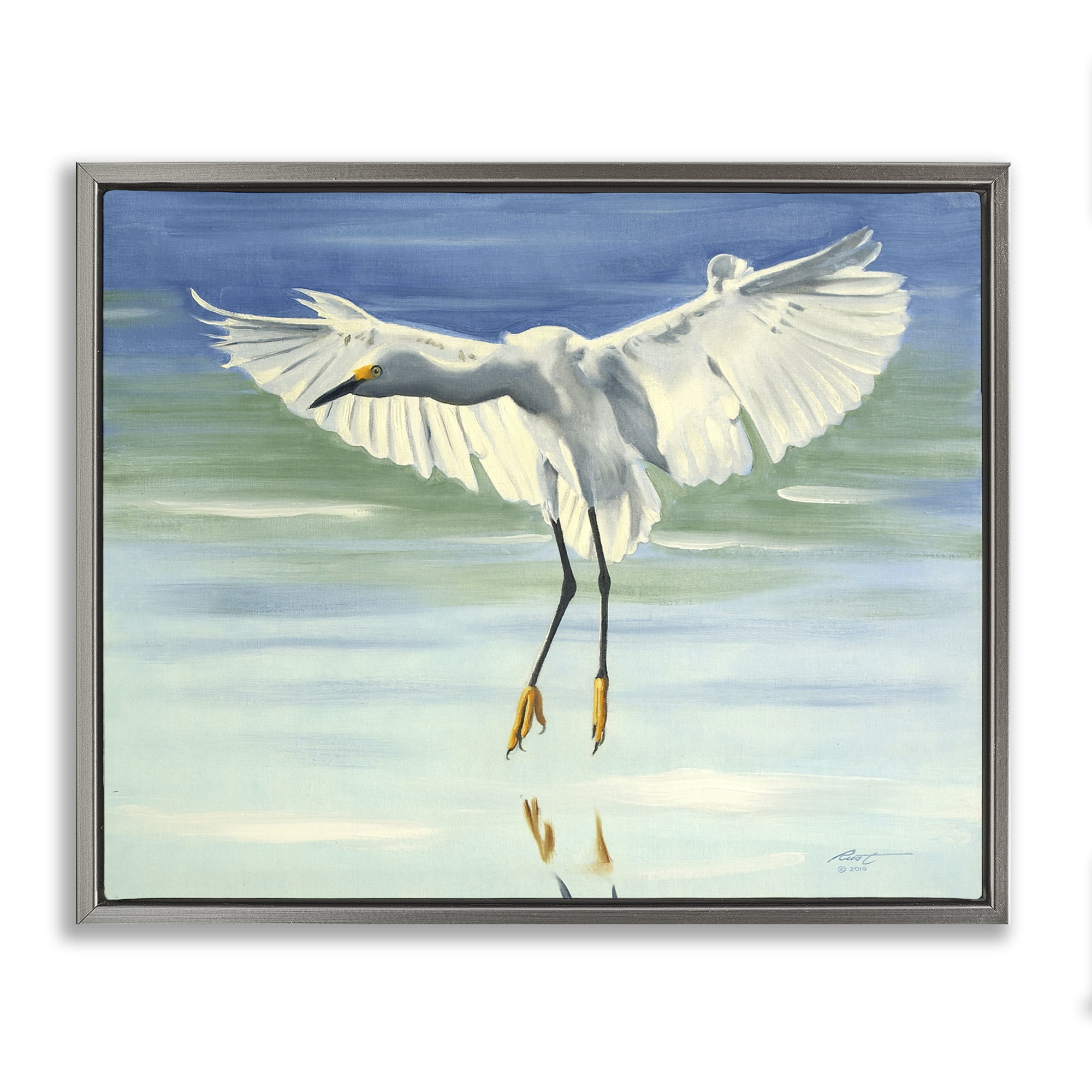 Stupell Industries Snowy Egret on Beach Animals & Insects Painting Gray Floater Framed Canvas Art Print Wall Art, 21 x 17
