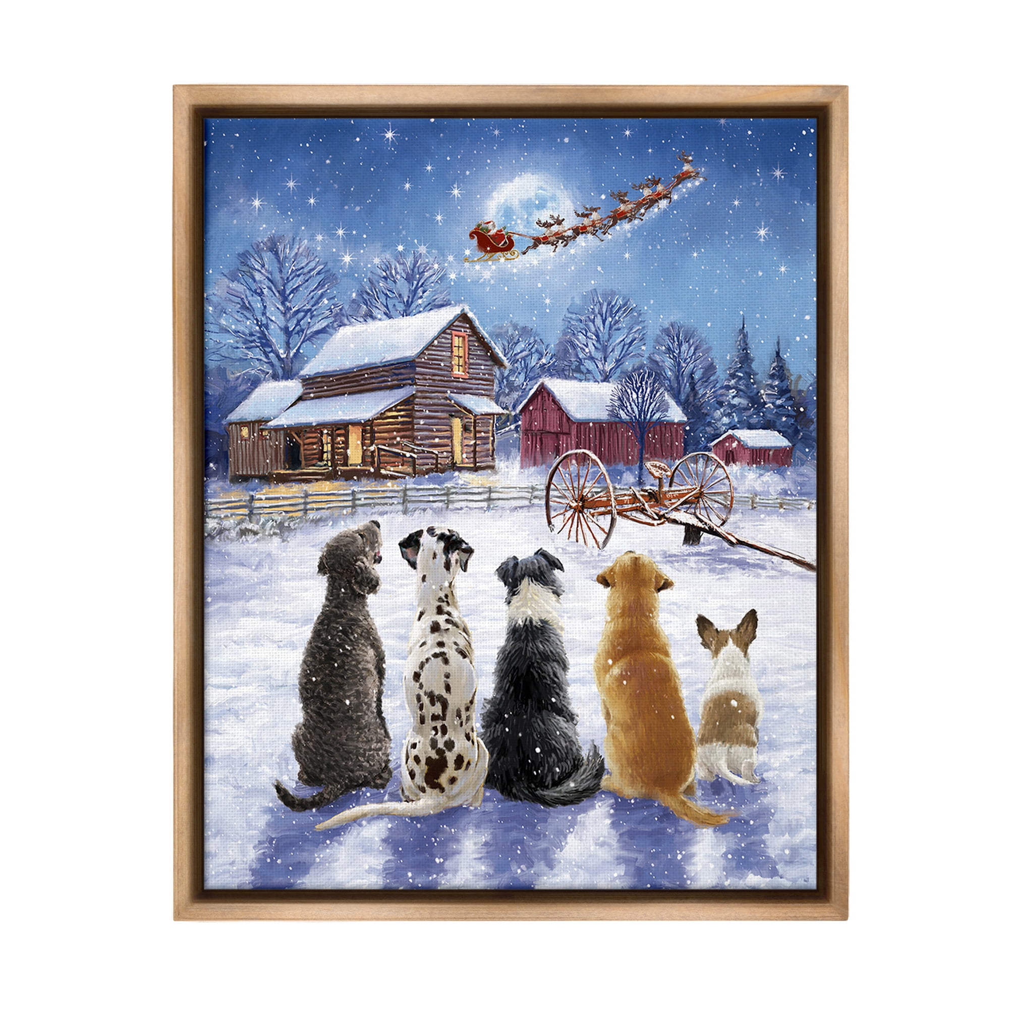 Stupell Industries Snowy Farm Dogs Holiday Painting Brown Floater Framed Canvas Art Print Wall Art, 25 x 31