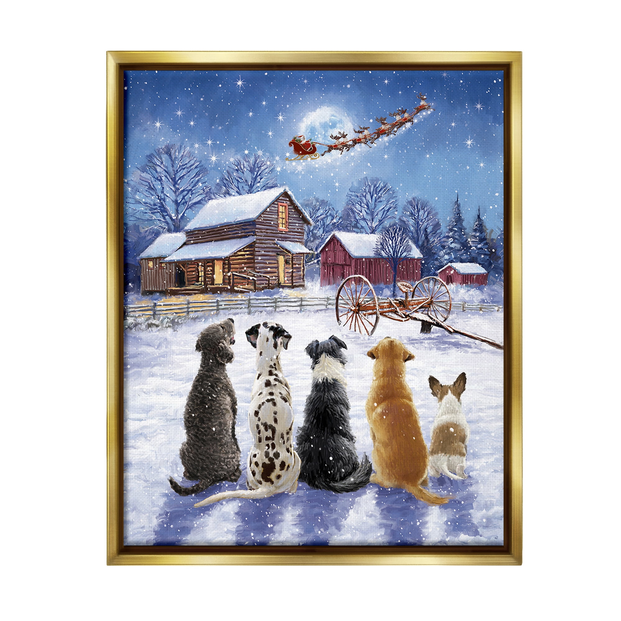 Stupell Industries Snowy Farm Dogs Holiday Painting Gold Floater Framed Canvas Art Print Wall Art, 17 x 21