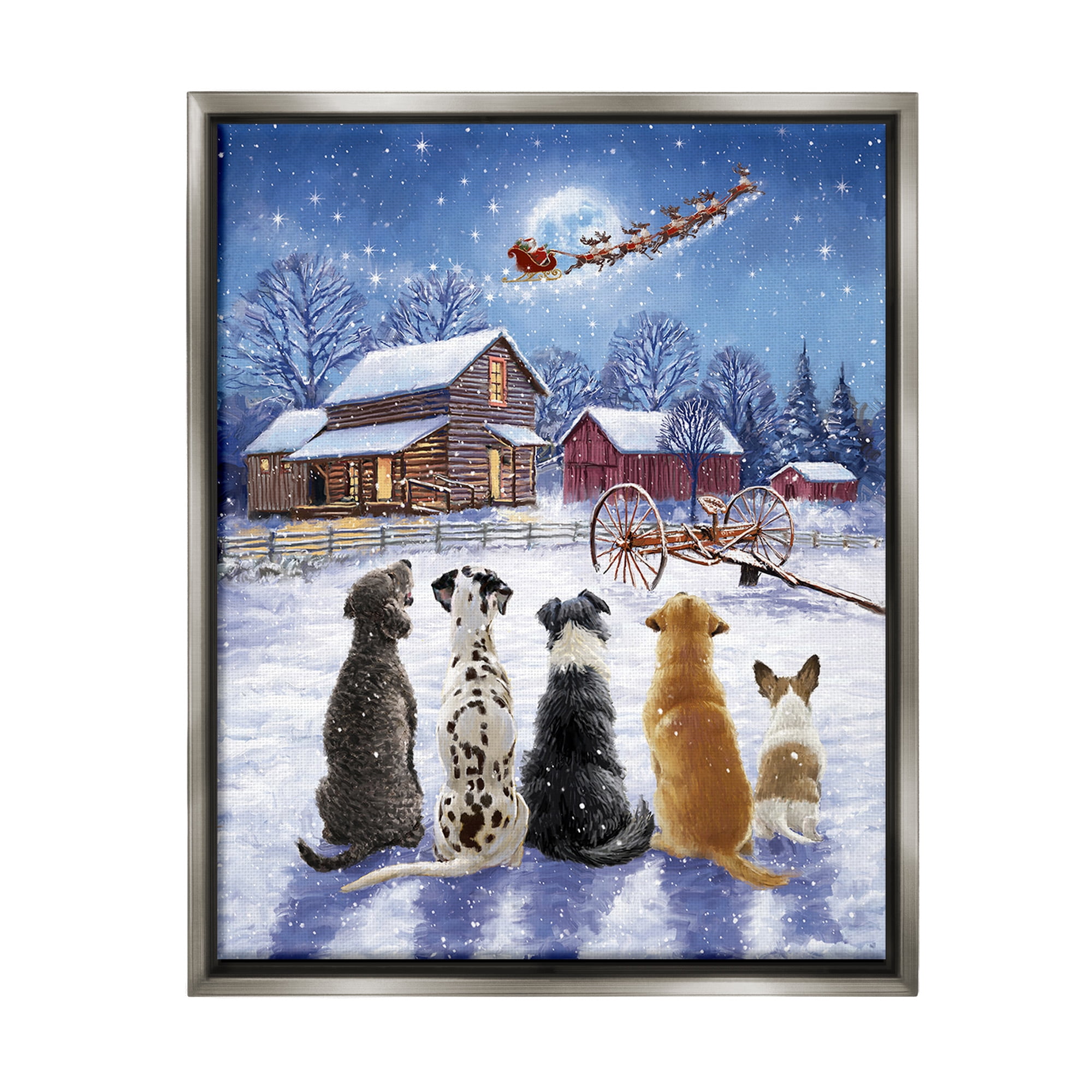 Stupell Industries Snowy Farm Dogs Holiday Painting Gray Floater Framed Canvas Art Print Wall Art, 25 x 31