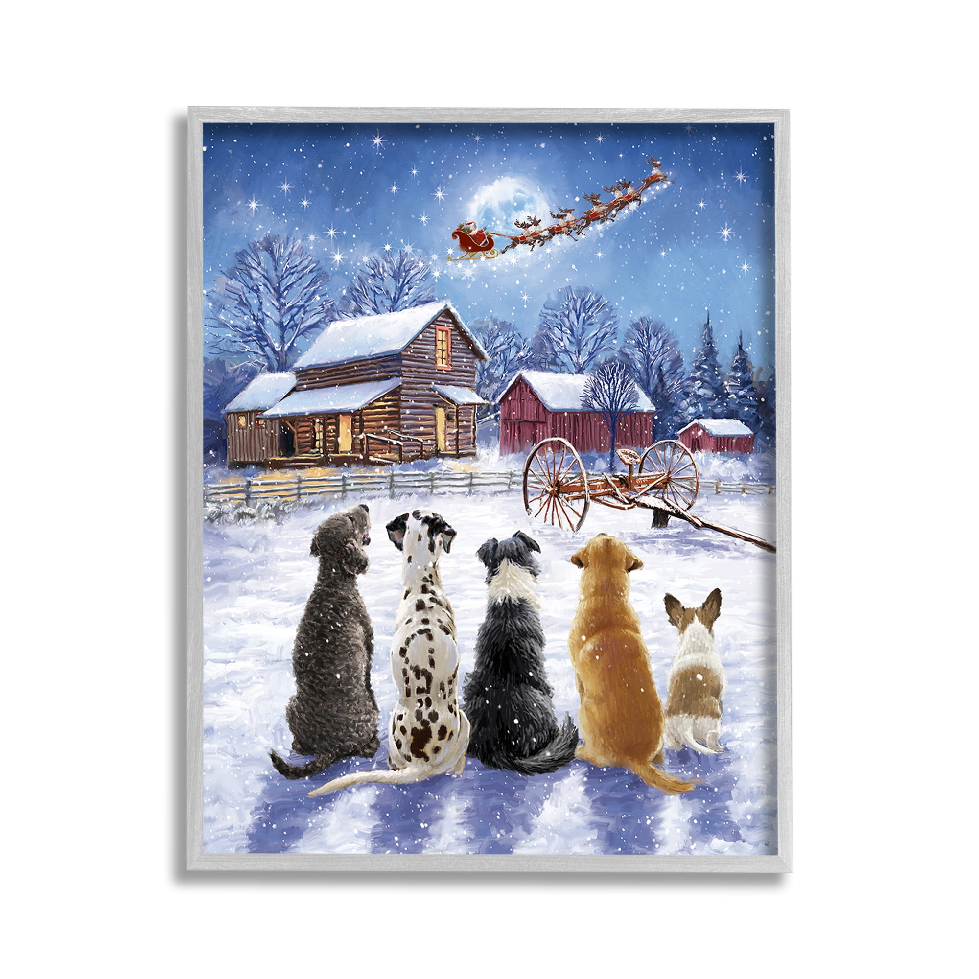 Stupell Industries Snowy Farm Dogs Holiday Painting Gray Framed Art Print Wall Art, 11 x 14