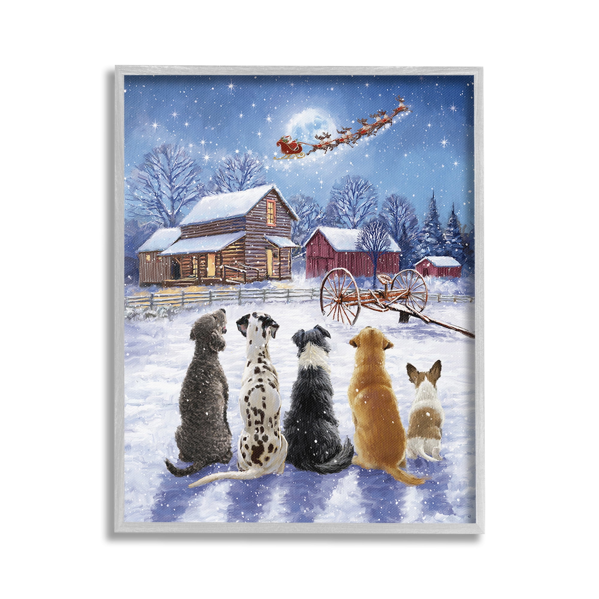 Stupell Industries Snowy Farm Dogs Holiday Painting Gray Framed Art Print Wall Art, 16 x 20