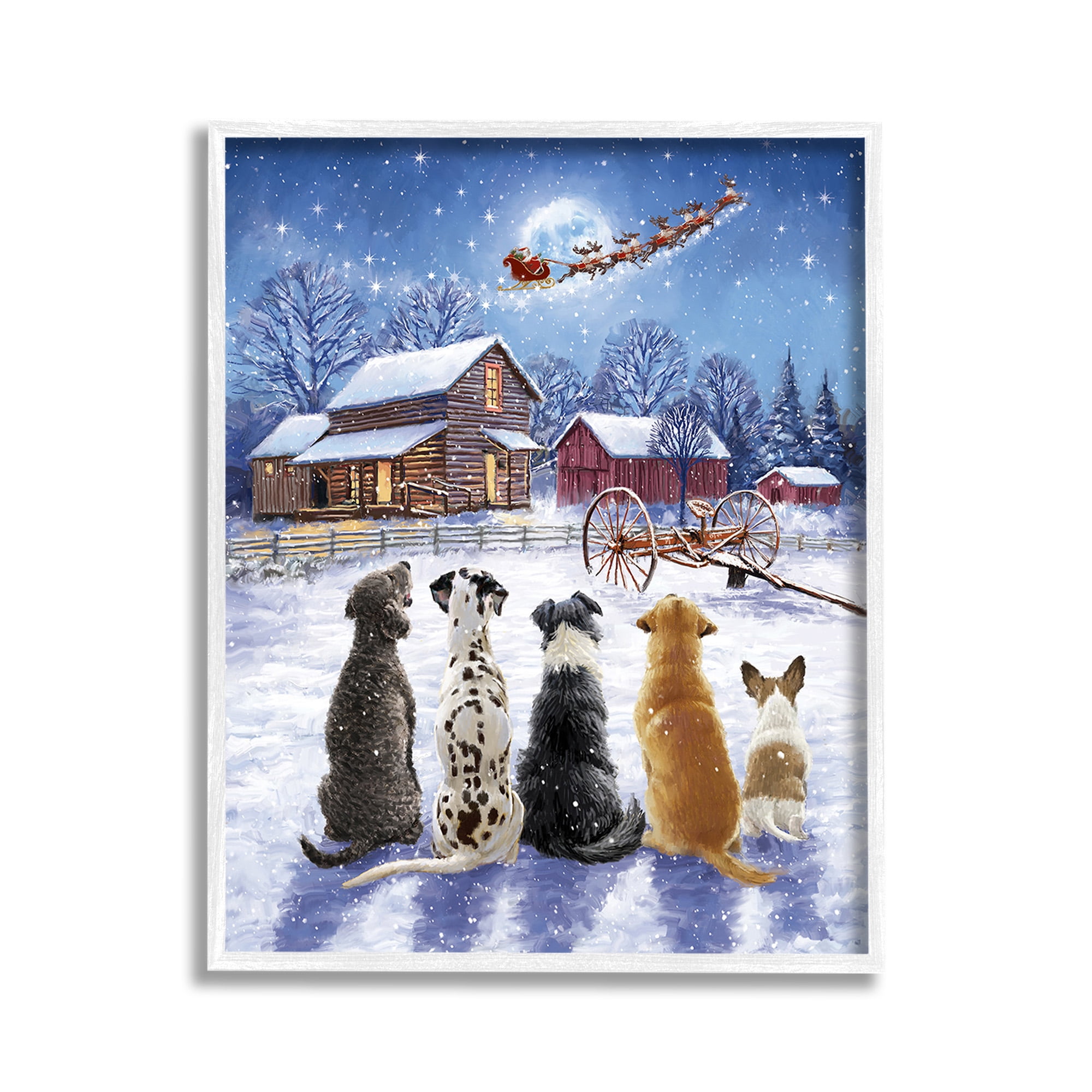 Stupell Industries Snowy Farm Dogs Holiday Painting White Framed Art Print Wall Art, 11 x 14