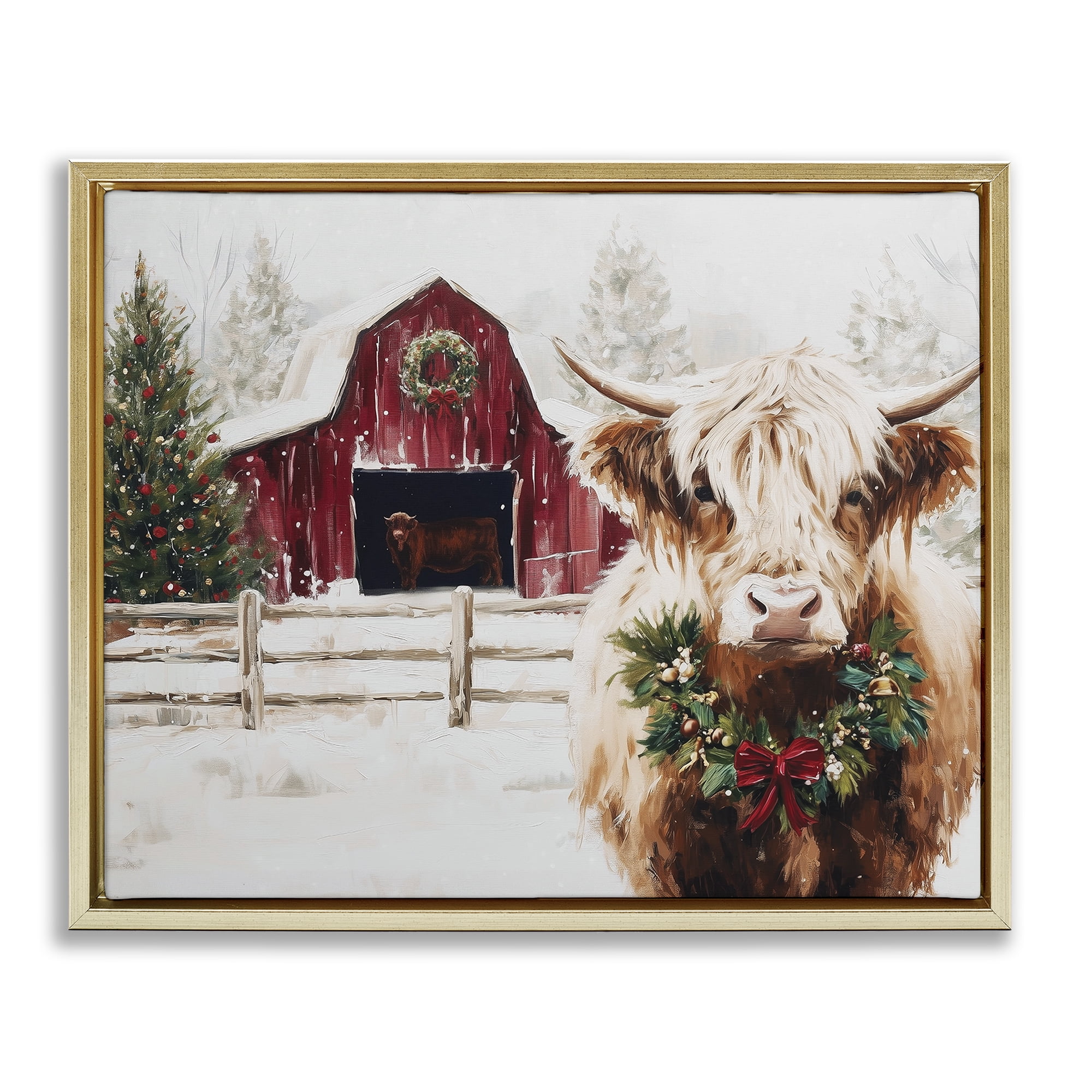 Stupell Industries Snowy Farm Scene Cattle Gold Framed Floater Canvas Wall Art, design by Acorn & Ivory Designs