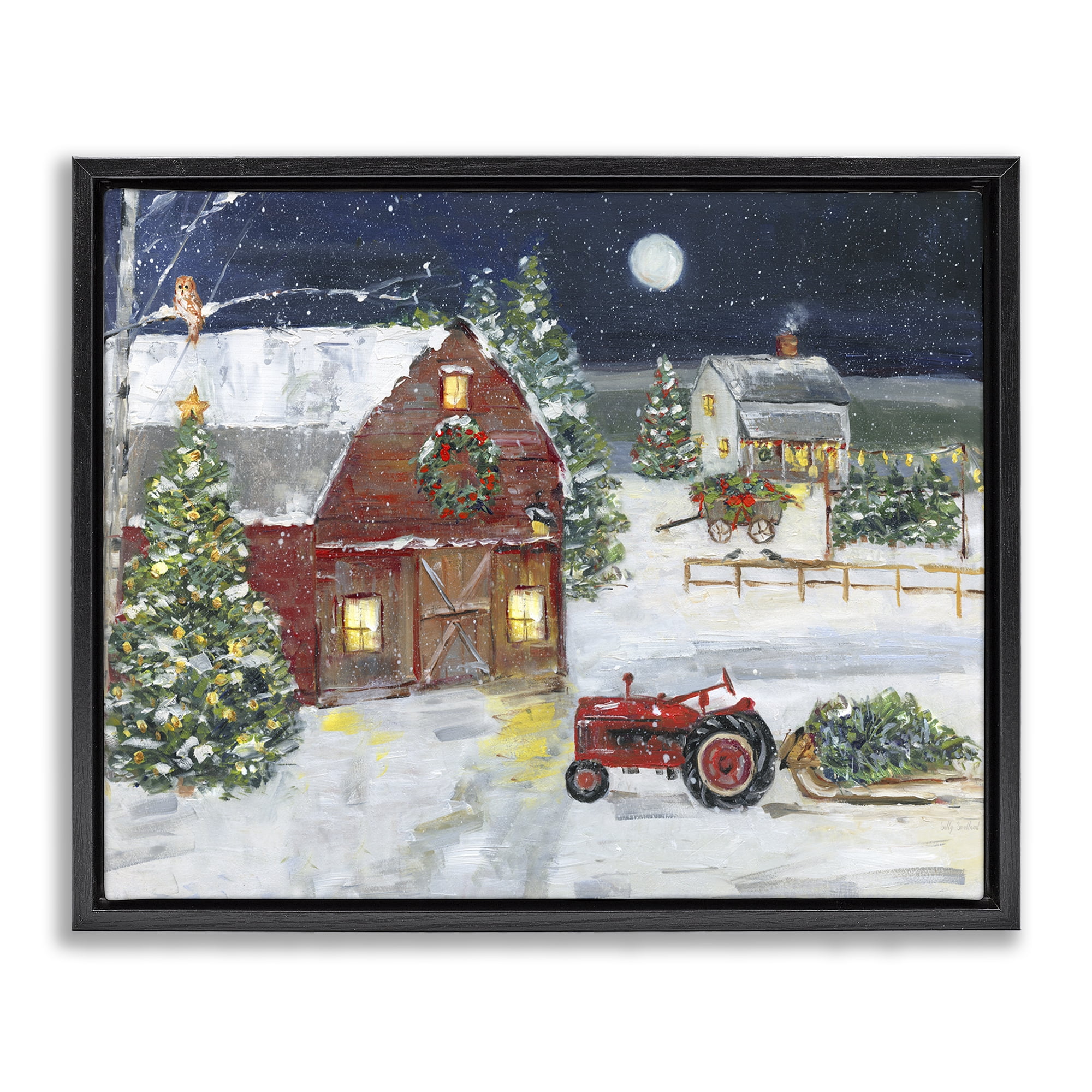 Stupell Industries Snowy Farm & Tractor Holiday Painting Black Floater Framed Canvas Art Prints Wall Art, 21 x 17