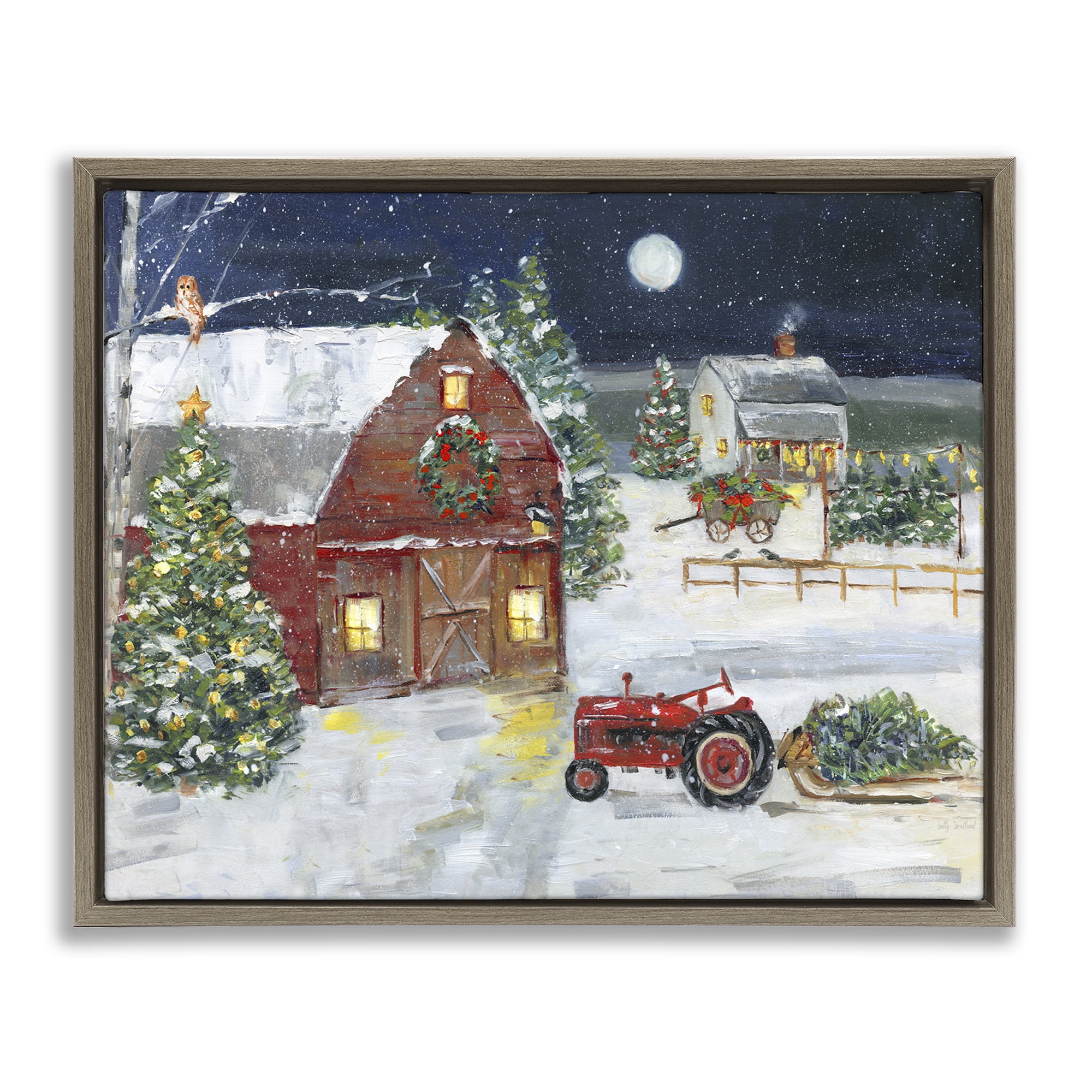 Stupell Industries Snowy Farm & Tractor Holiday Painting Brown Floater Framed Canvas Art Prints Wall Art, 21 x 17