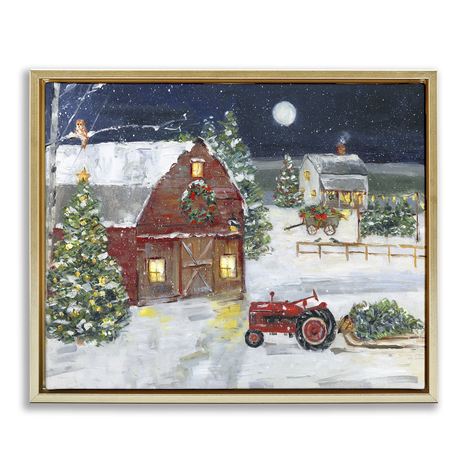 Stupell Industries Snowy Farm & Tractor Holiday Painting Gold Floater Framed Canvas Art Prints Wall Art, 21 x 17