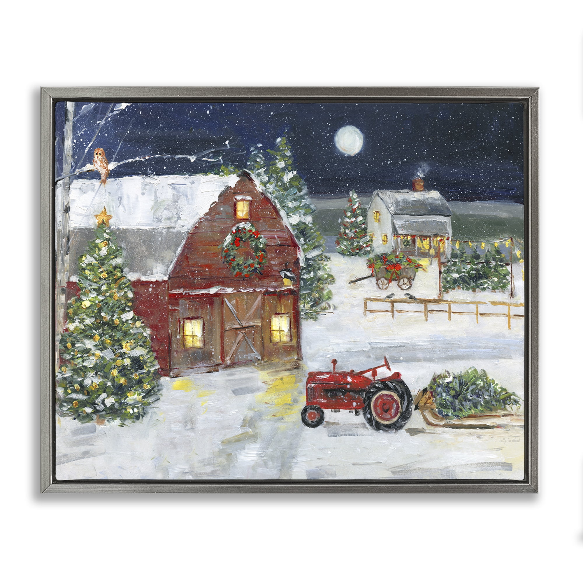 Stupell Industries Snowy Farm & Tractor Holiday Painting Gray Floater Framed Canvas Art Prints Wall Art, 31 x 25