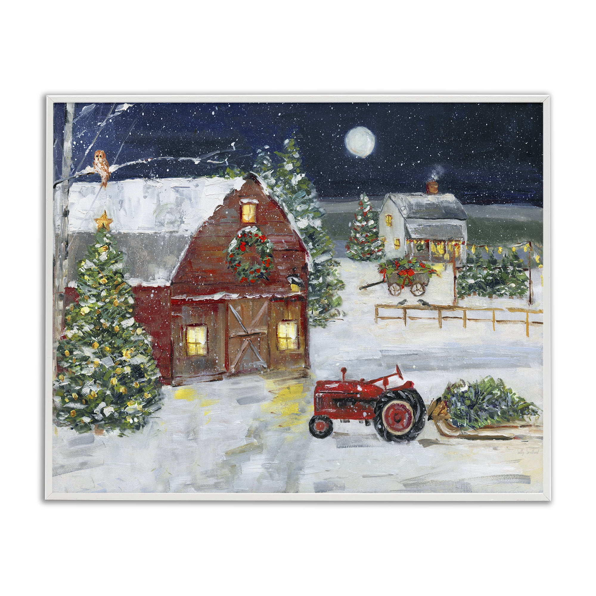 Stupell Industries Snowy Farm & Tractor Holiday Painting White Framed Art Prints Wall Art, 30 x 24