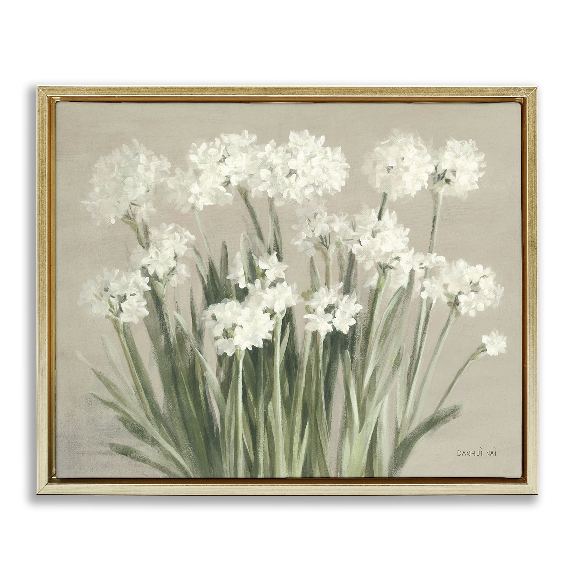 Stupell Industries Snowy Floral Paperwhites Botanical & Floral Painting Gold Floater Framed Art Print Wall Art, 21 x 17