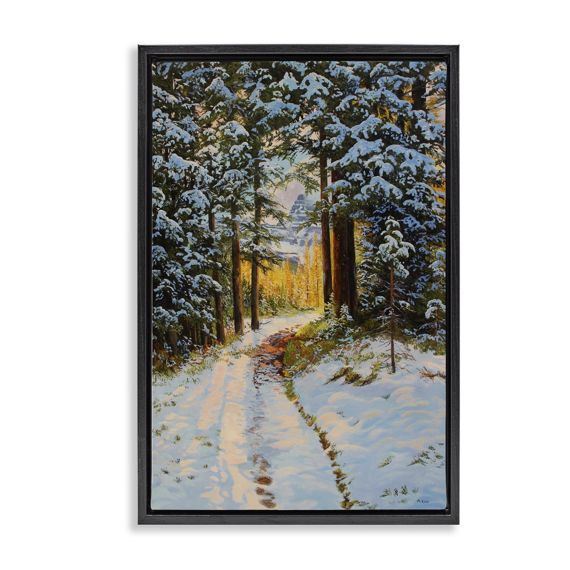 Stupell Industries Snowy Forest Trail Landscape & Nature Painting Black Floater Framed Canvas Art Print Wall Art, 17 x 25
