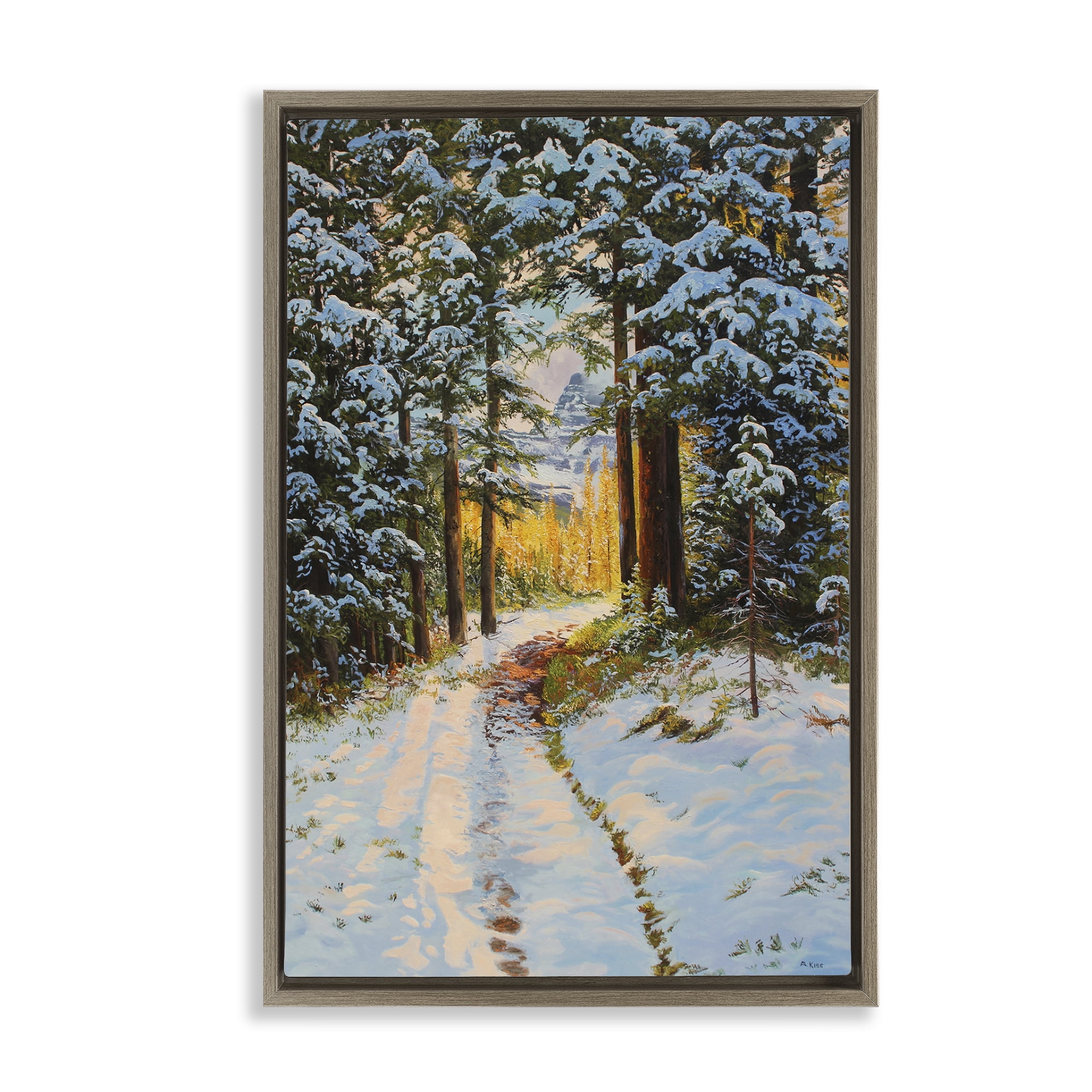 Stupell Industries Snowy Forest Trail Landscape & Nature Painting Brown Floater Framed Canvas Art Print Wall Art, 17 x 25