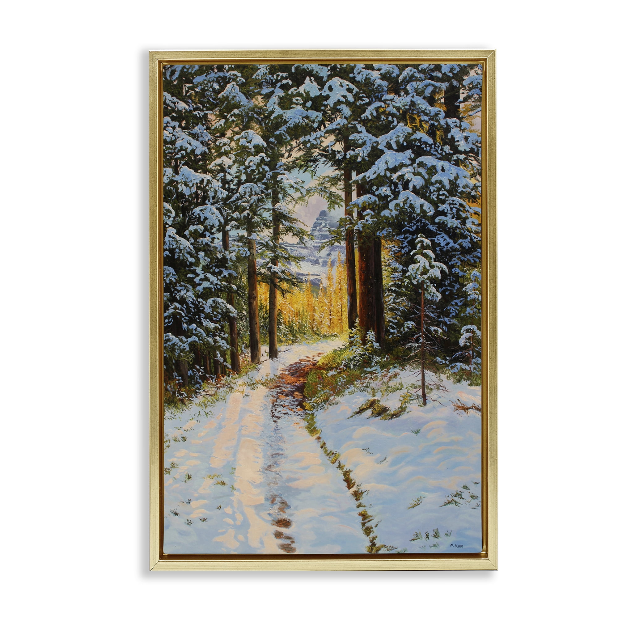 Stupell Industries Snowy Forest Trail Landscape & Nature Painting Gold Floater Framed Canvas Art Print Wall Art, 21 x 31